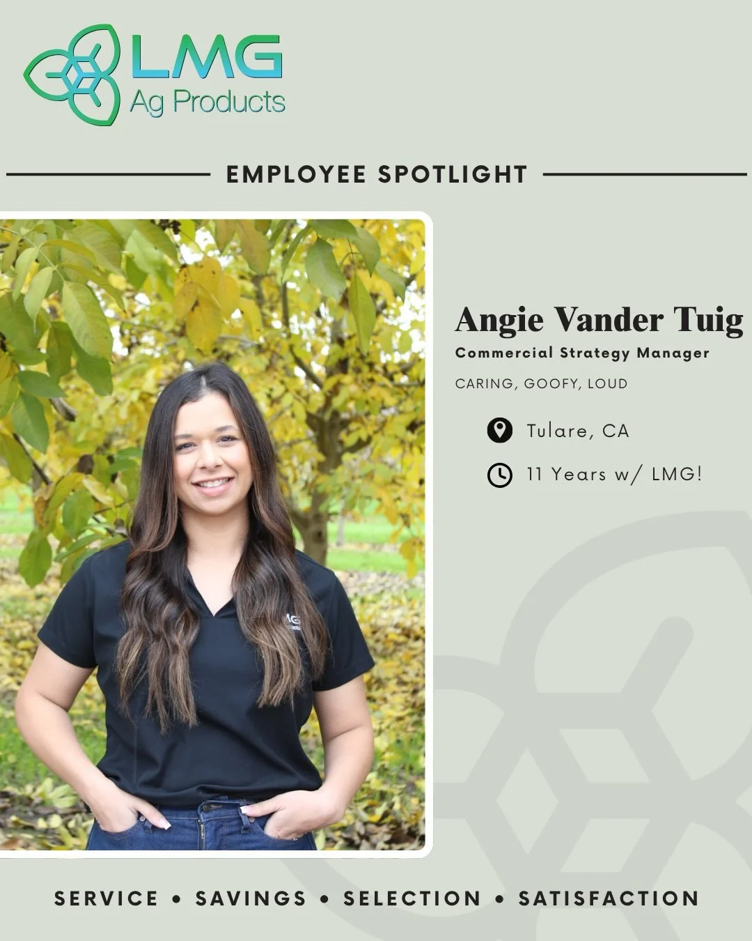 🔦Our next employee spotlight: Angie Vander Tuig

LMG Ag Products has been lucky to have Angie with the company for over 10 years. Angie plays and important role in keeping operations running smoothly, always bringing dedication, positivity, and a wi