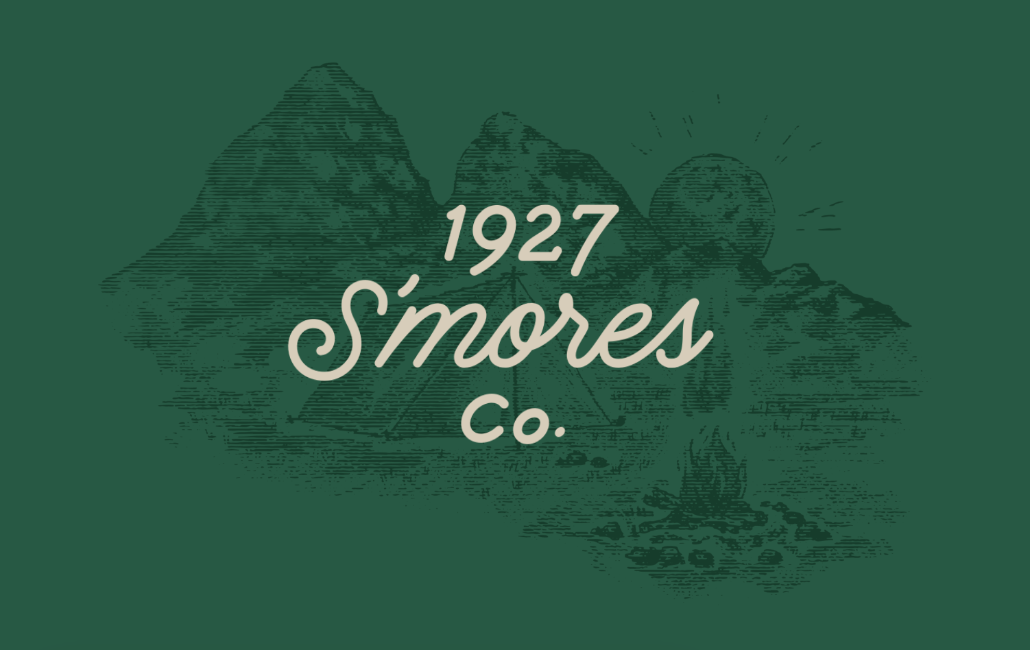 Logo of S'mores Co. with a vintage illustration of pyramids, a campfire, and the sun.