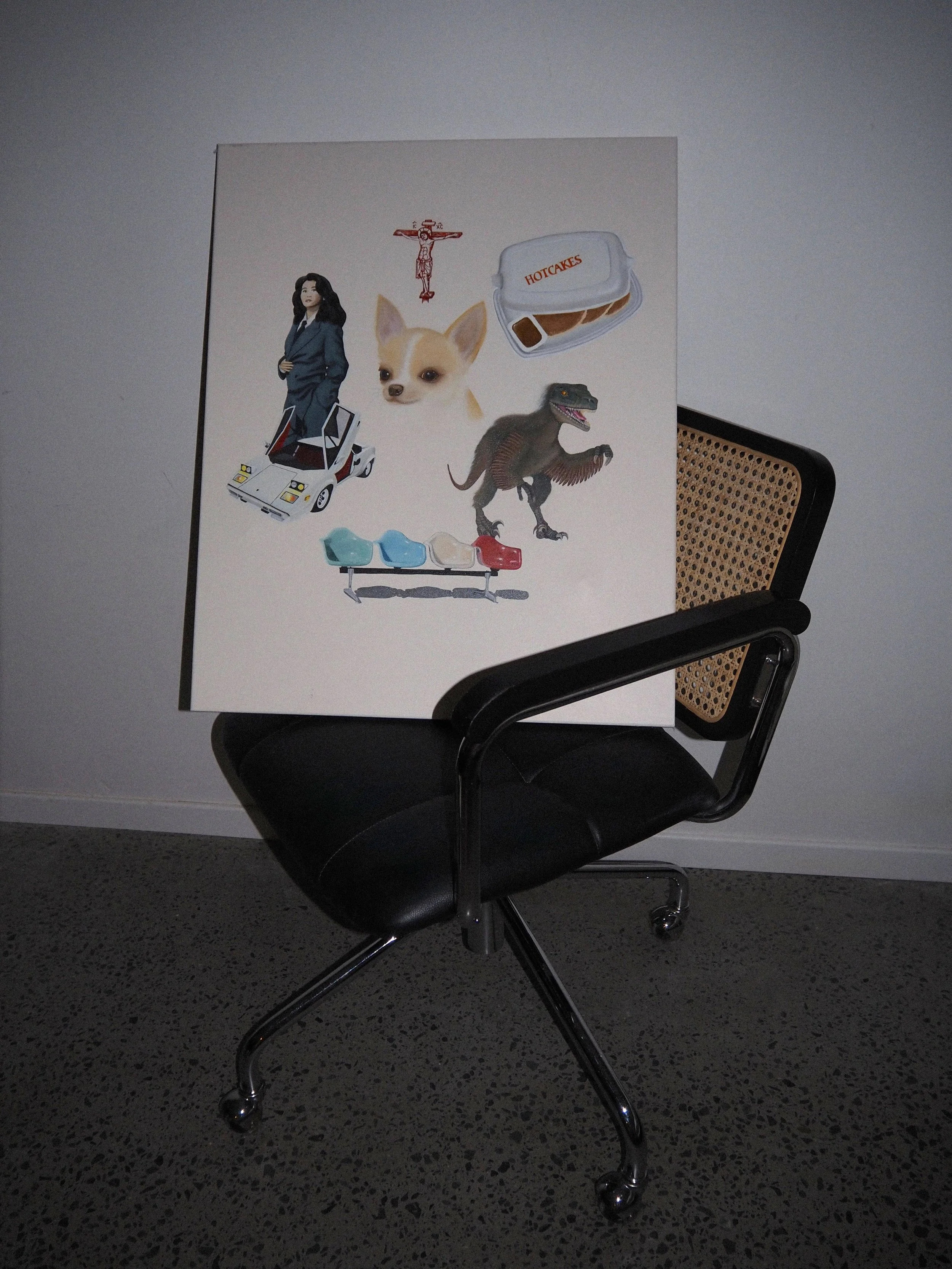 A chair with a large oil on canvas painting by Coris Evans sitting on top. The artwork includes a woman in a blue suit, a small dog, a T-Rex, a toy car, a packet of 'Hotcakes,' a row of four coloured chairs, a crucifix.