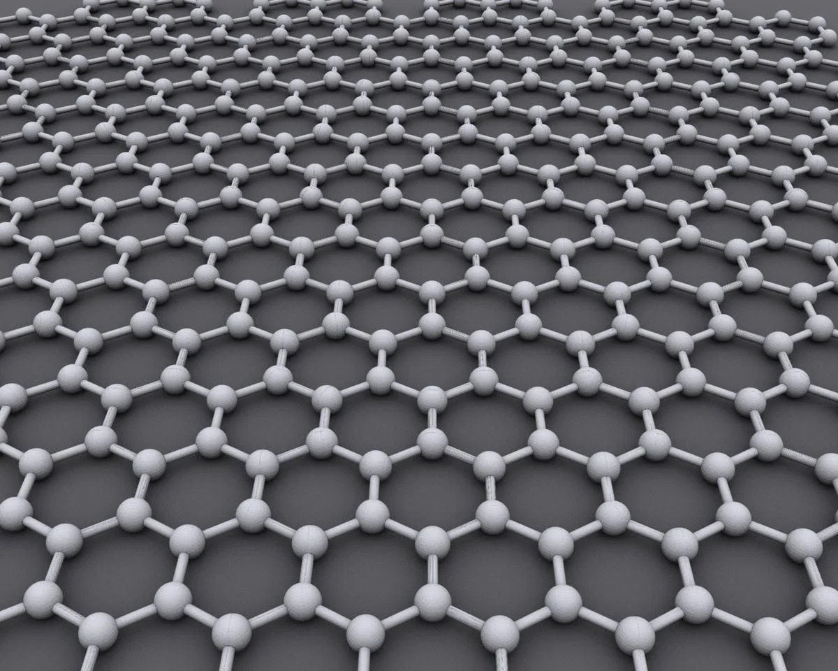 Graphene molecular structure diagram showing single atom thick carbon layer