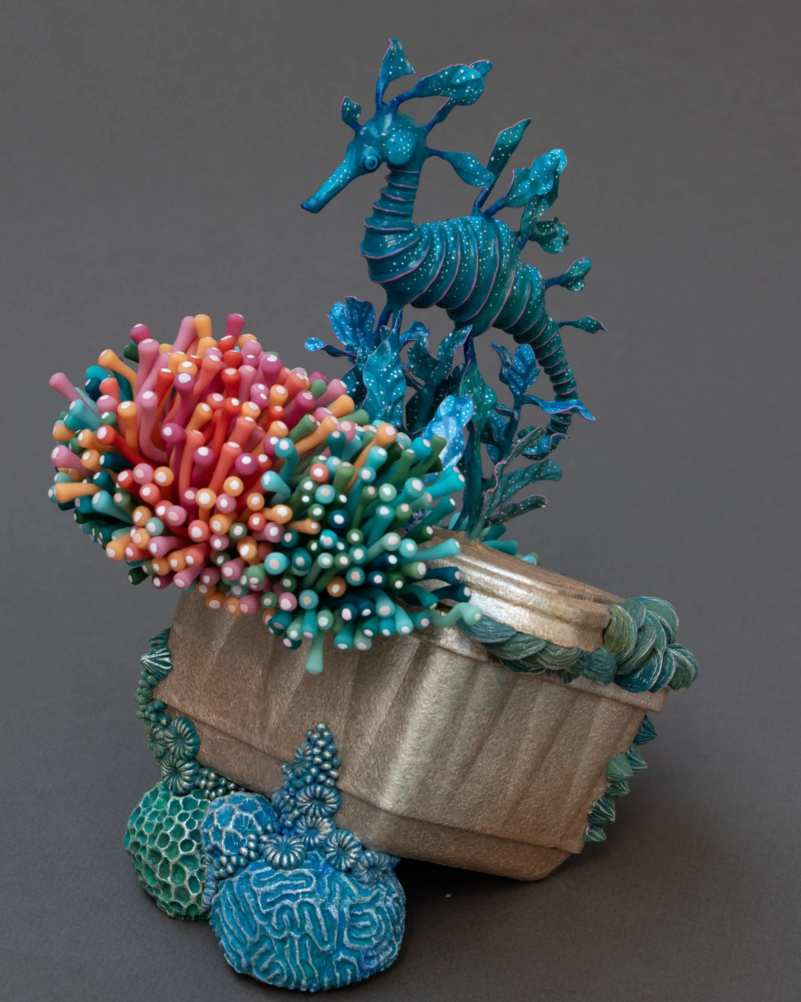 Floating, Mixed Media Coral and Seahorse Sculpture on Plastic Box, 2026, Stephanie Kilgast