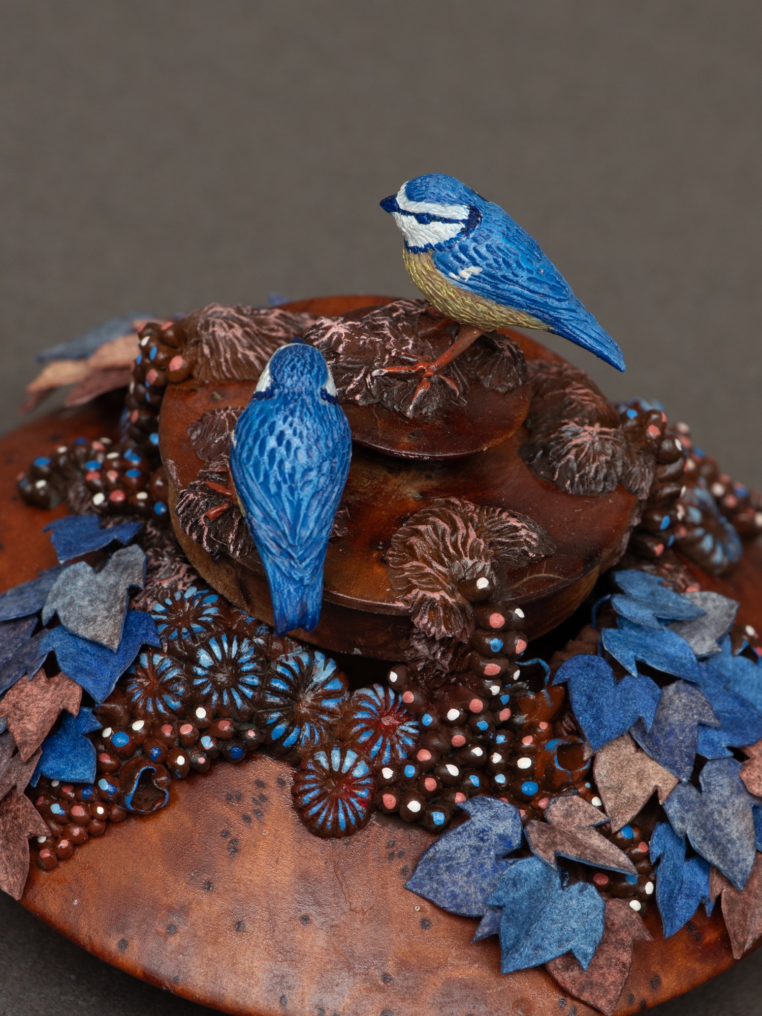 Chatter, Eurasian Tit Birds Sculpture on Wooden Jewelry Box, 2026, Stephanie Kilgast