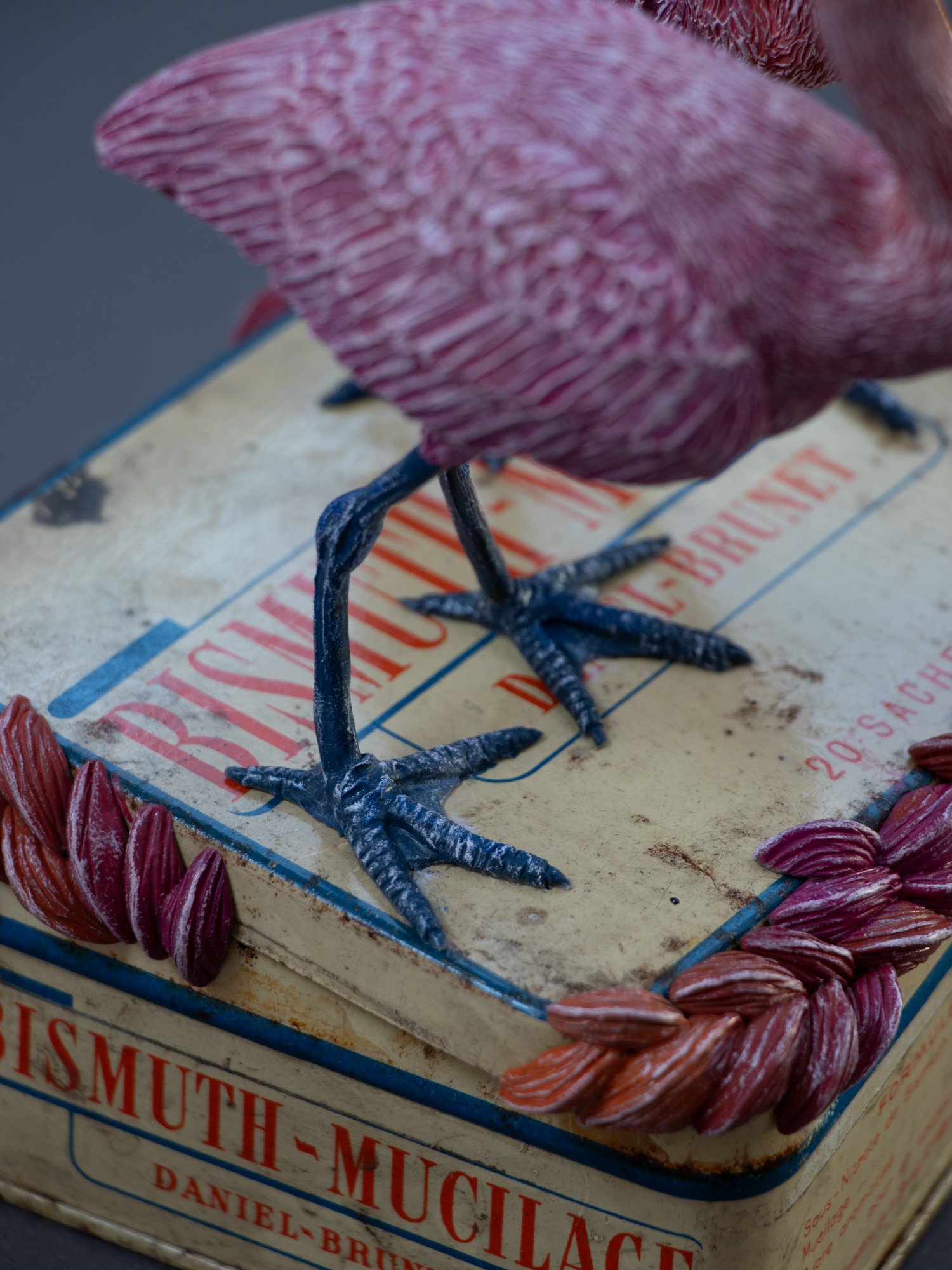 Lovers, Mixed Media Spoonbill Birds Sculpture on Vintage Pharmaceutical Box, Stephanie Kilgast, 2026