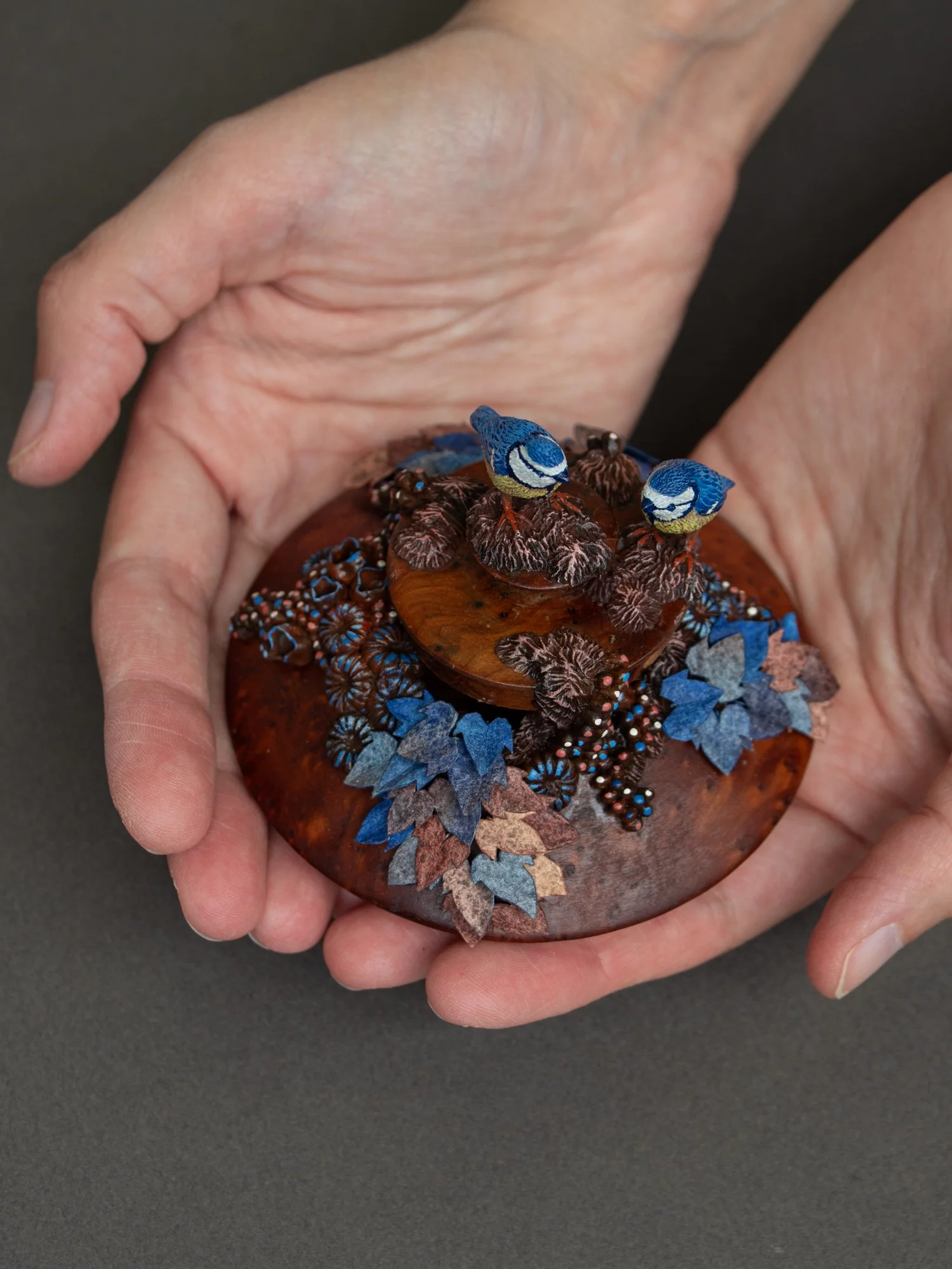 Chatter, Eurasian Tit Birds Sculpture on Wooden Jewelry Box, 2026, Stephanie Kilgast