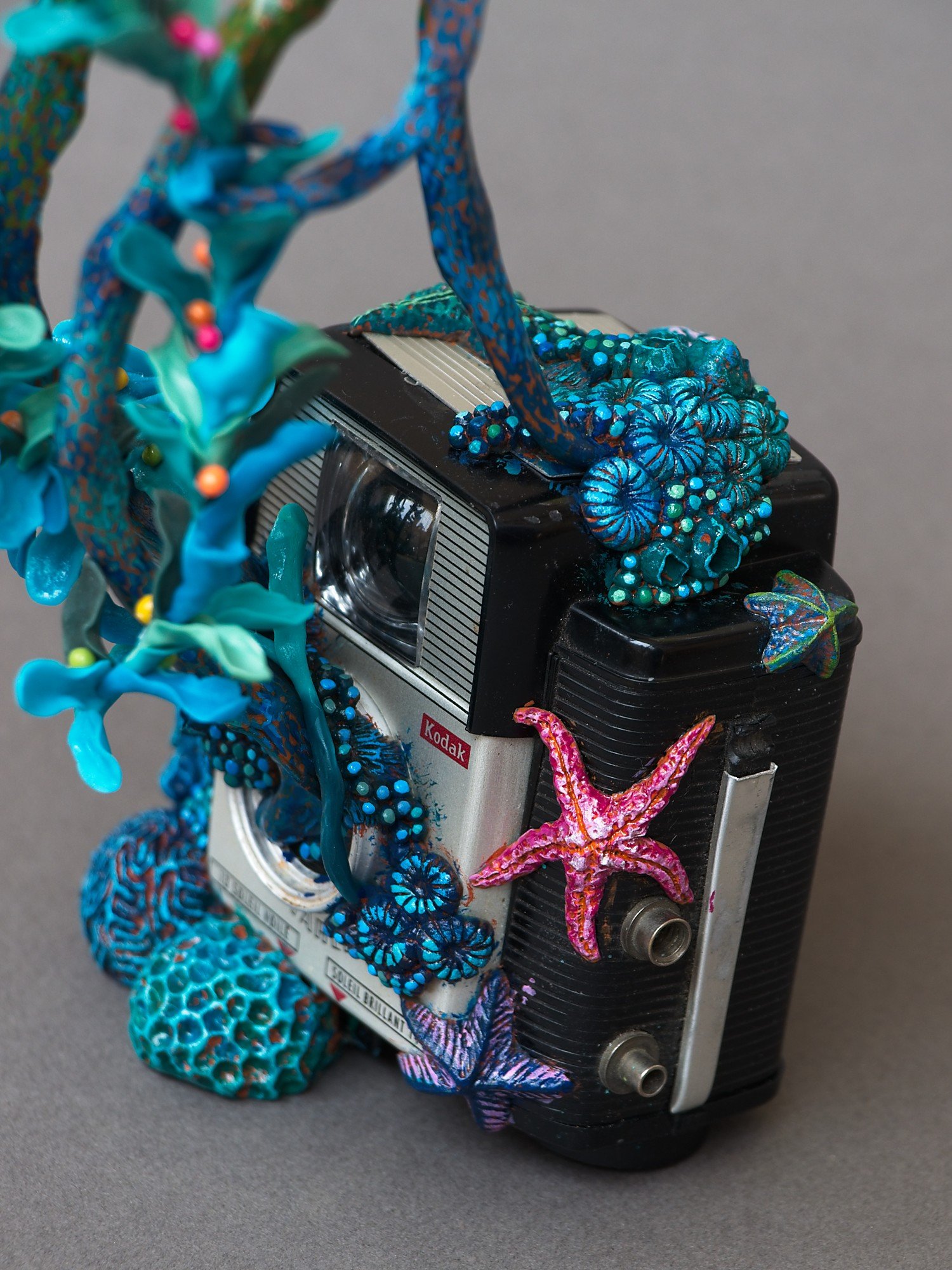 Festive Squid, Miniature Squid Sculpture on Vintage Kodak Camera, 2026, Stephanie Kilgast