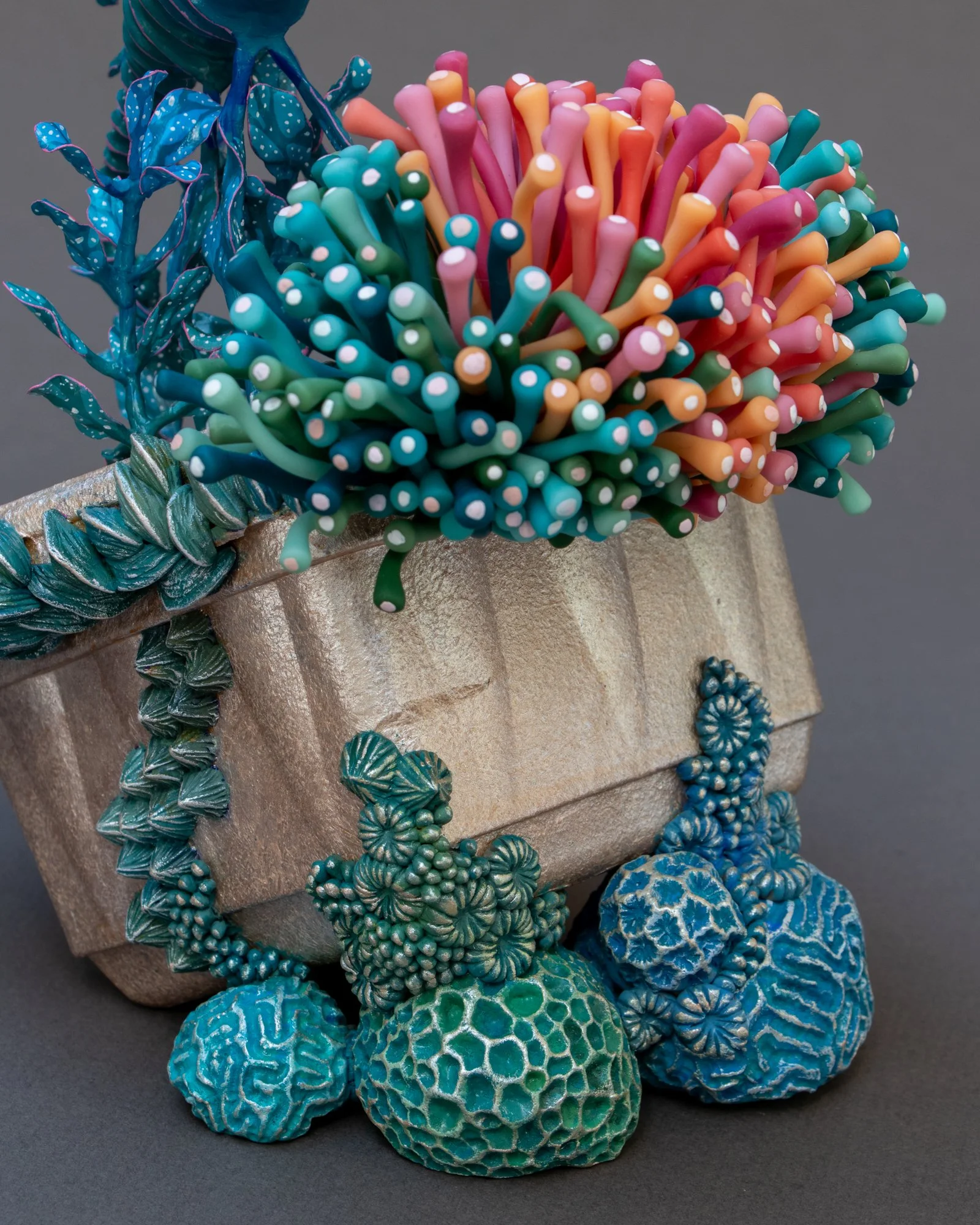Floating, Mixed Media Coral and Seahorse Sculpture on Plastic Box, 2026, Stephanie Kilgast