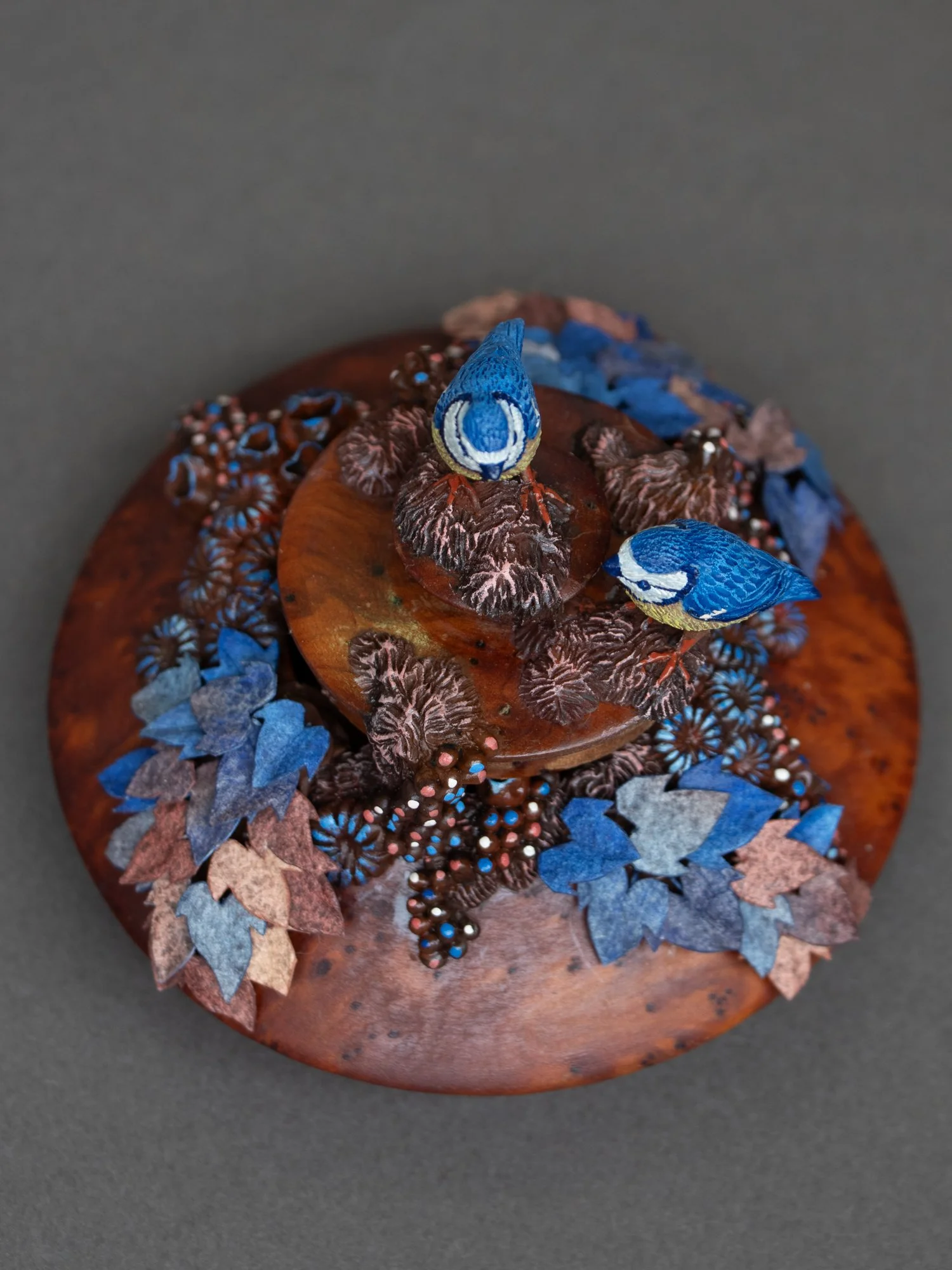 Chatter, Eurasian Tit Birds Sculpture on Wooden Jewelry Box, 2026, Stephanie Kilgast
