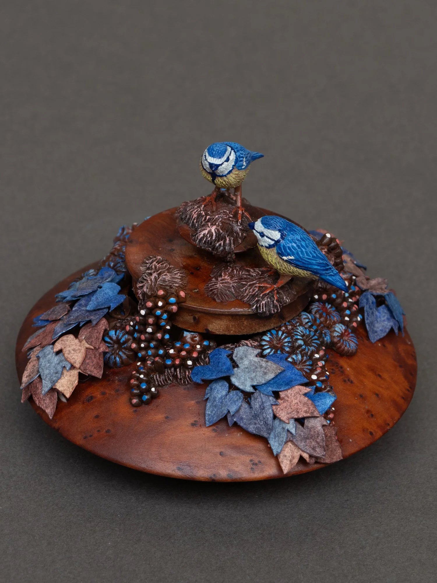 Chatter, Eurasian Tit Birds Sculpture on Wooden Jewelry Box, 2026, Stephanie Kilgast
