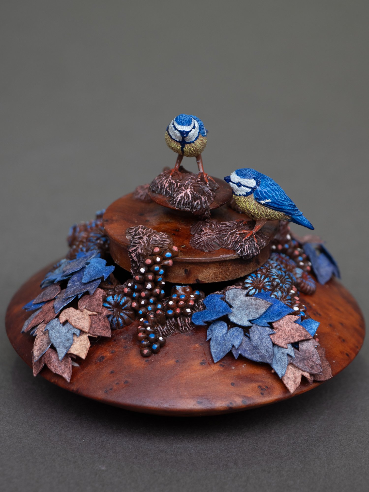 Chatter, Eurasian Tit Birds Sculpture on Wooden Jewelry Box, 2026, Stephanie Kilgast