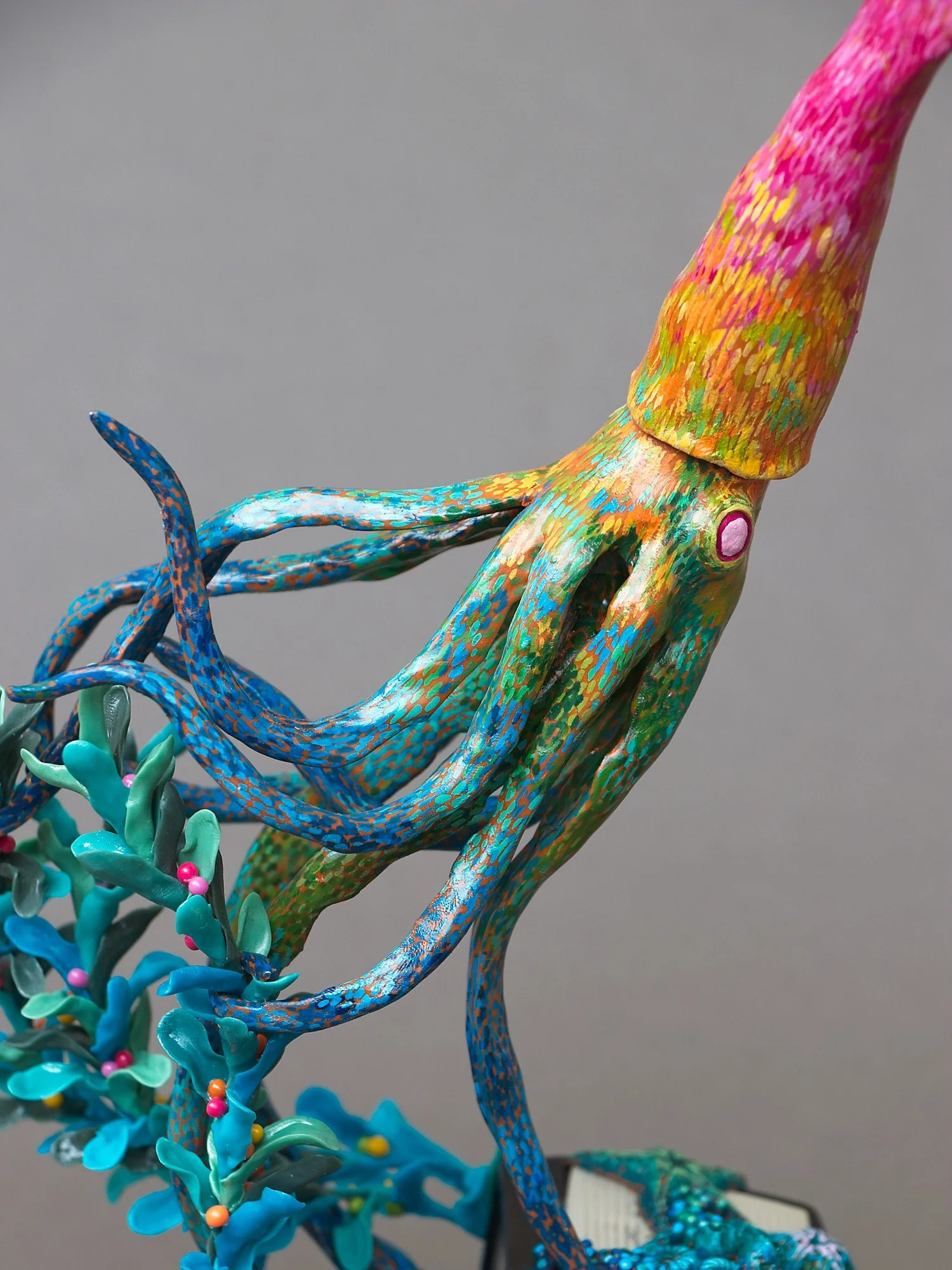 Festive Squid, Miniature Squid Sculpture on Vintage Kodak Camera, 2026, Stephanie Kilgast