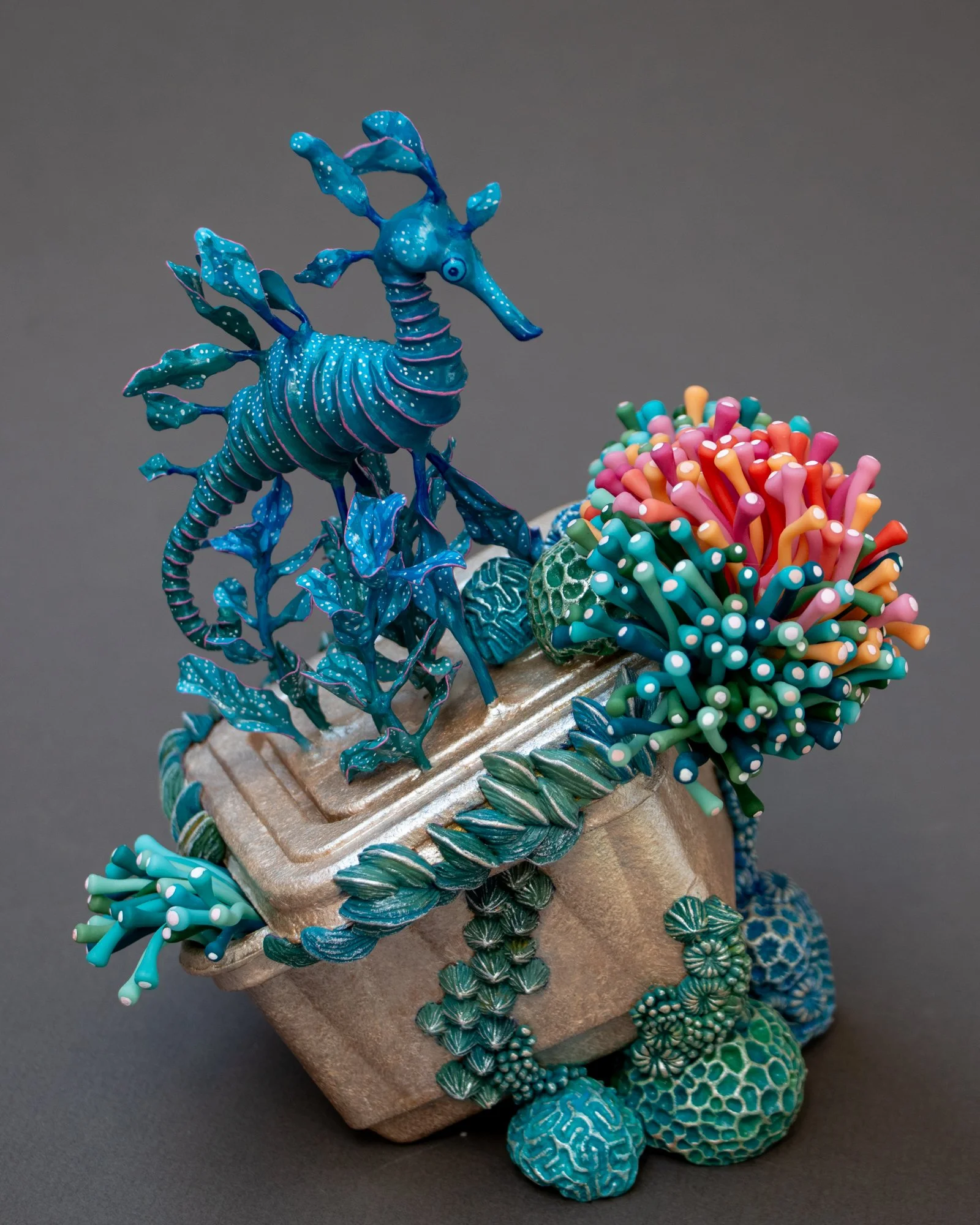 Floating, Mixed Media Coral and Seahorse Sculpture on Plastic Box, 2026, Stephanie Kilgast