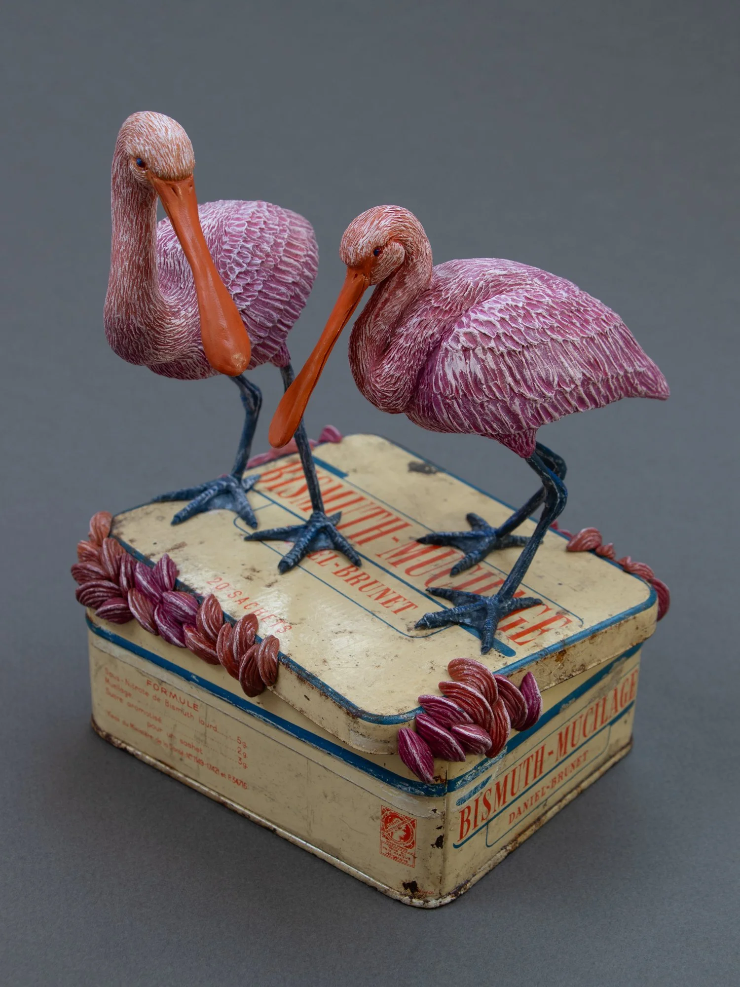 Lovers, Mixed Media Spoonbill Birds Sculpture on Vintage Pharmaceutical Box, Stephanie Kilgast, 2026