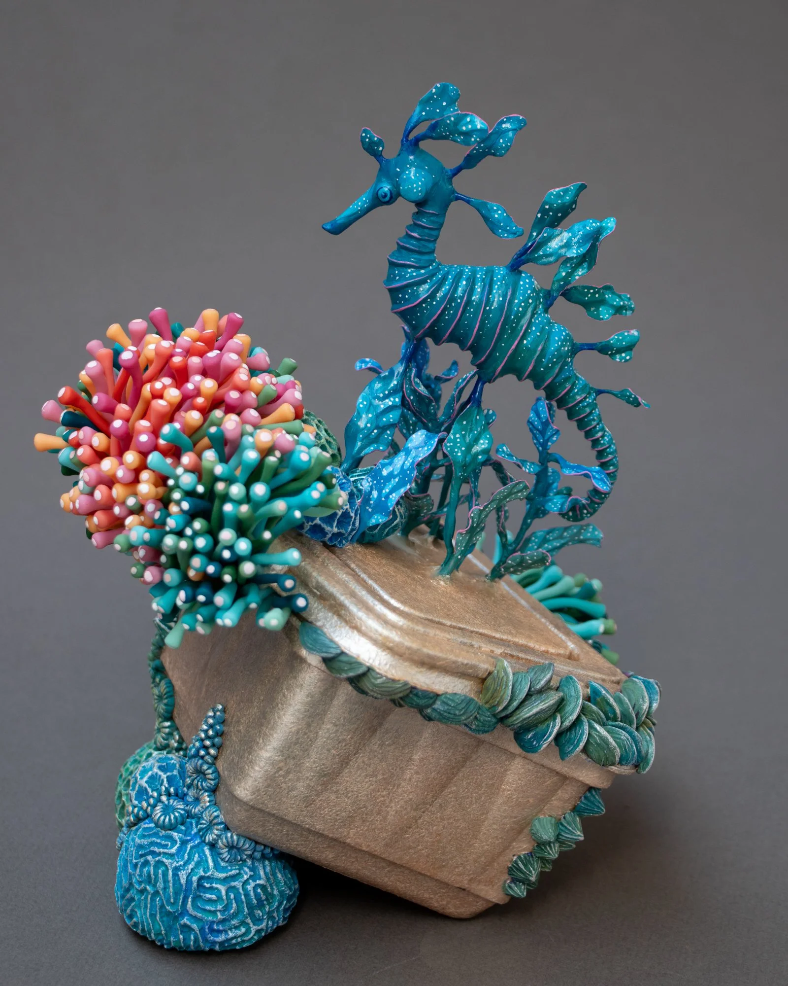 Floating, Mixed Media Coral and Seahorse Sculpture on Plastic Box, 2026, Stephanie Kilgast
