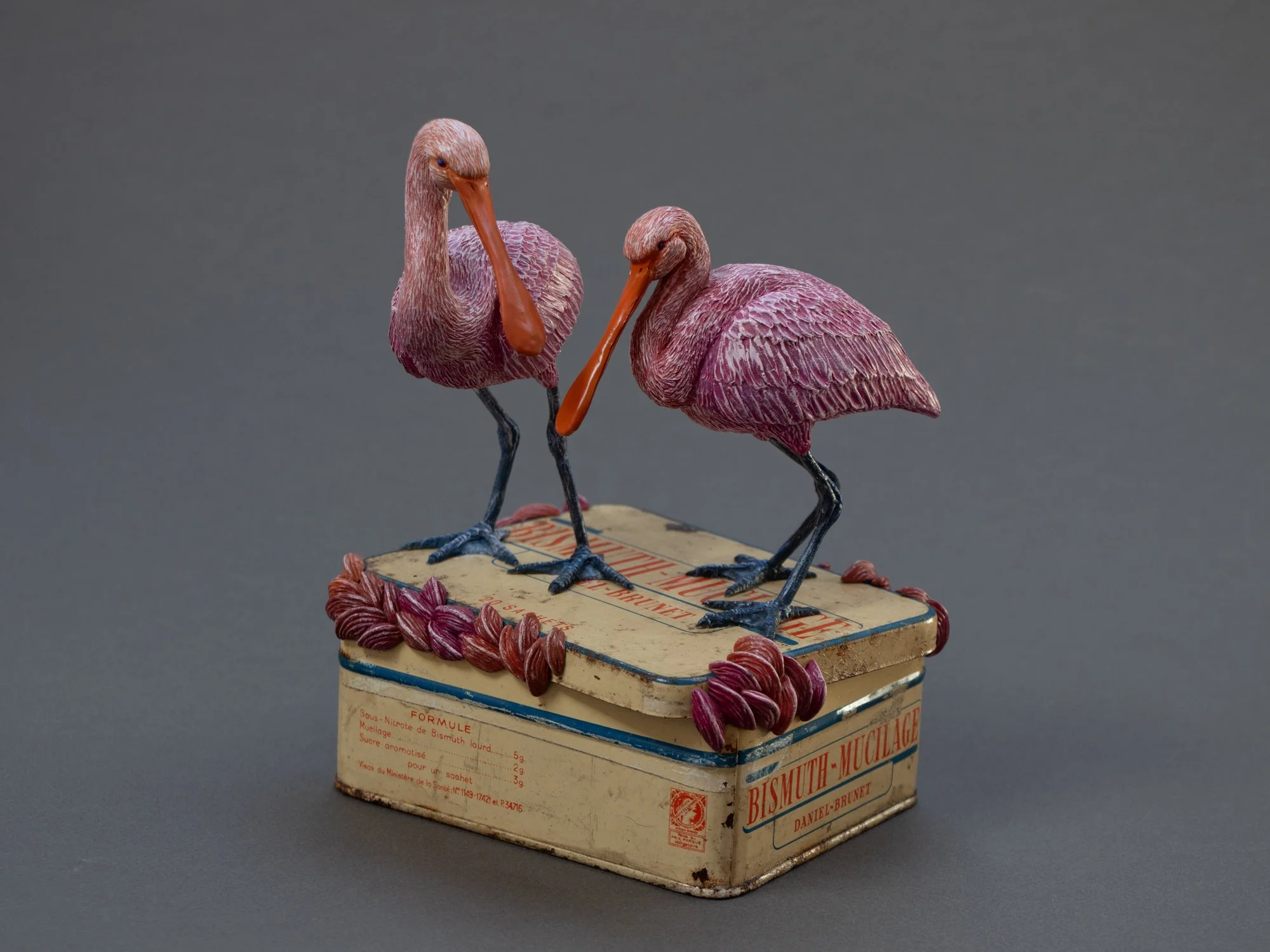 Lovers, Mixed Media Spoonbill Birds Sculpture on Vintage Pharmaceutical Box, Stephanie Kilgast, 2026