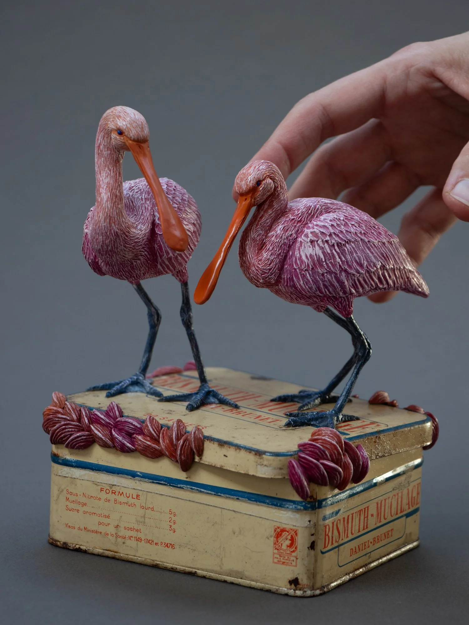 Lovers, Mixed Media Spoonbill Birds Sculpture on Vintage Pharmaceutical Box, Stephanie Kilgast, 2026