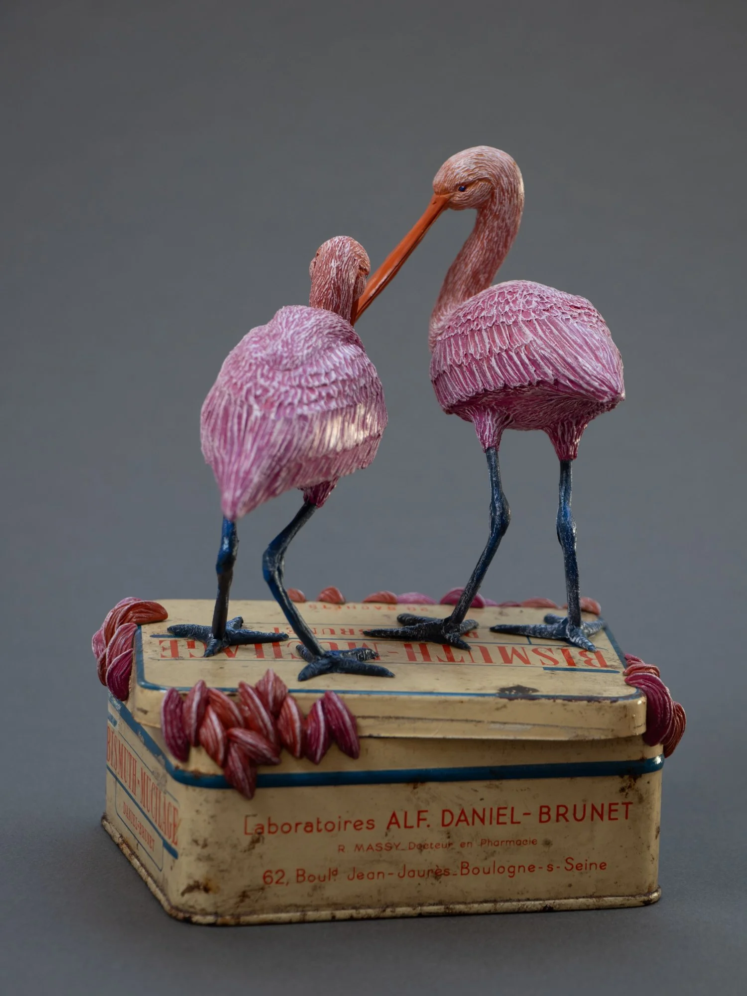 Lovers, Mixed Media Spoonbill Birds Sculpture on Vintage Pharmaceutical Box, Stephanie Kilgast, 2026