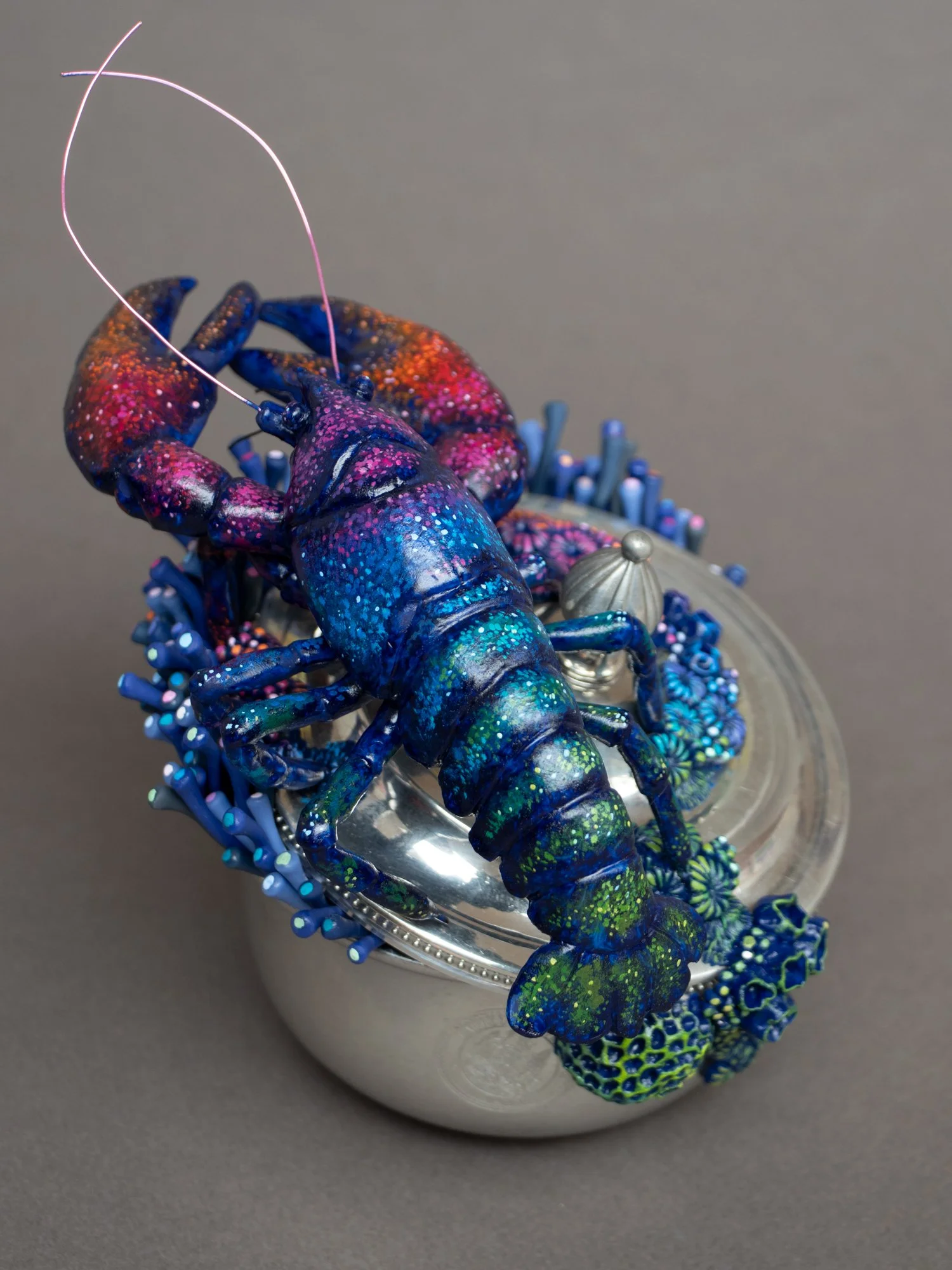 Eternal Youngster, Mixed Media Coral and Lobster Sculpture on Thrifted Navy Box, 2026, Stephanie Kilgast