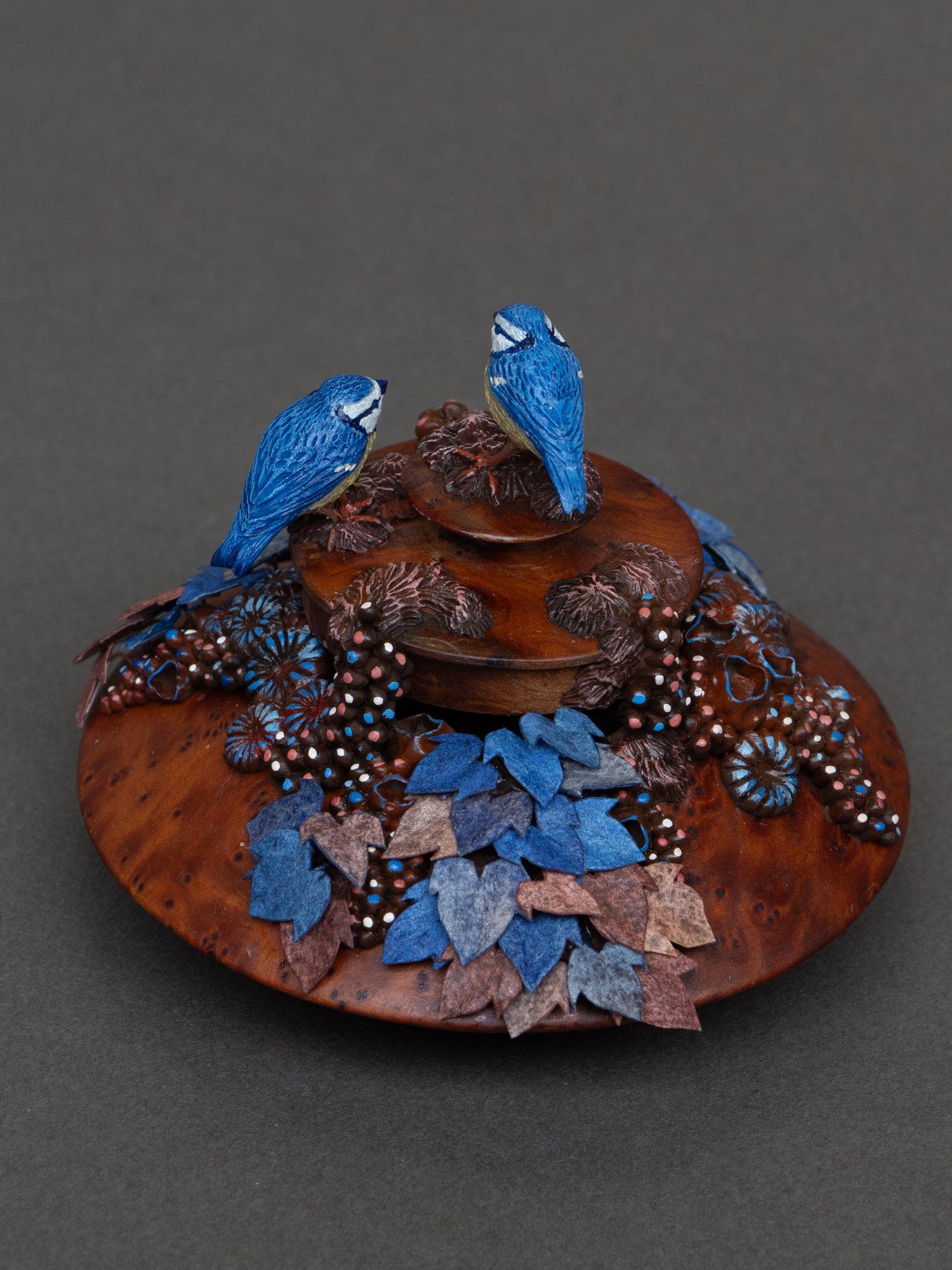 Chatter, Eurasian Tit Birds Sculpture on Wooden Jewelry Box, 2026, Stephanie Kilgast