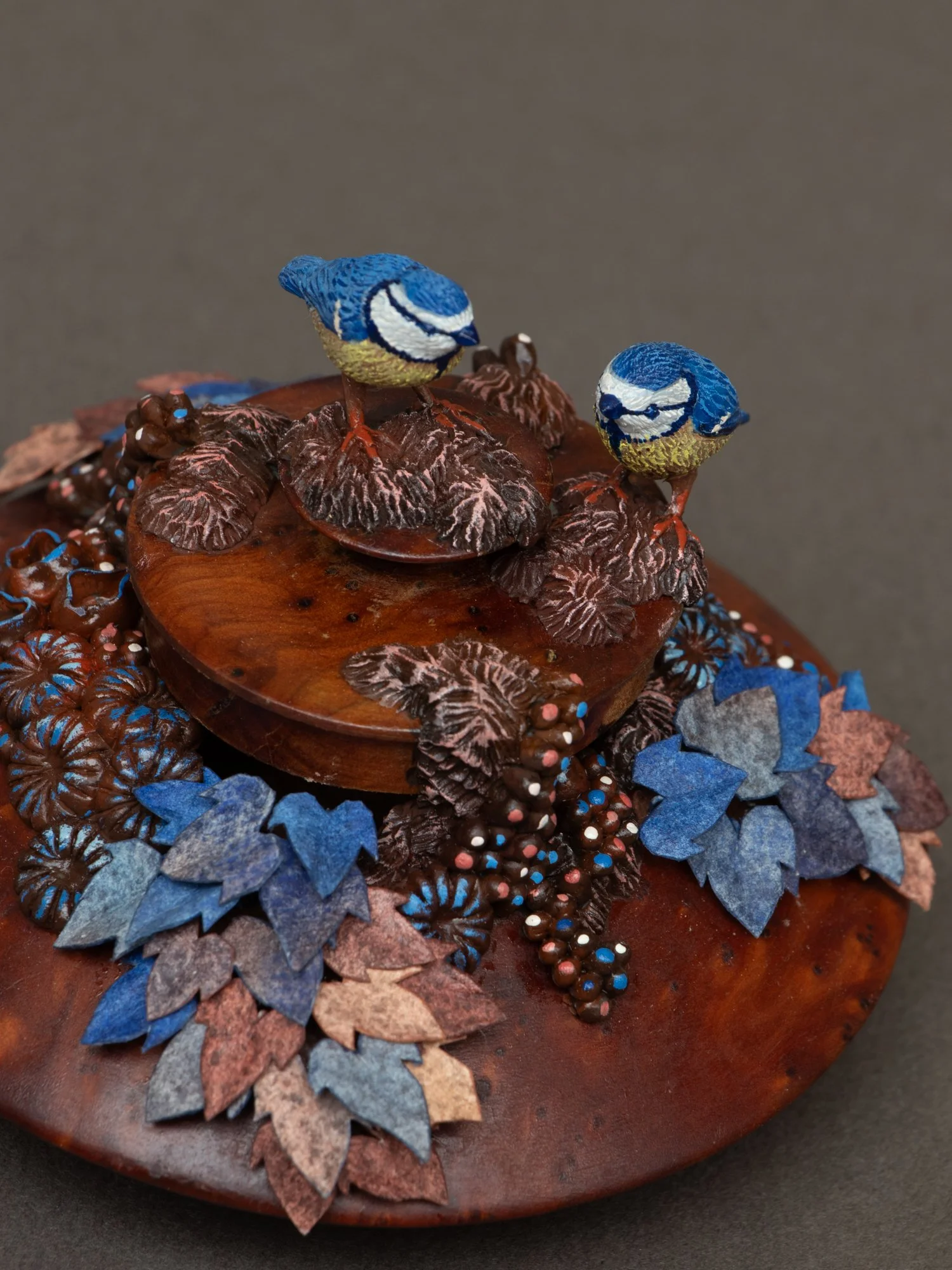 Chatter, Eurasian Tit Birds Sculpture on Wooden Jewelry Box, 2026, Stephanie Kilgast