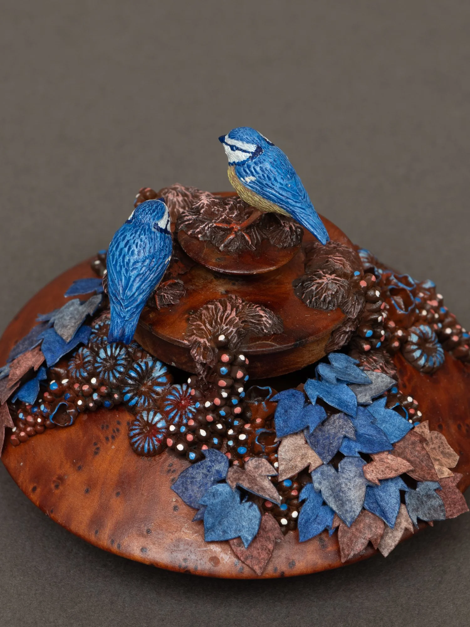 Chatter, Eurasian Tit Birds Sculpture on Wooden Jewelry Box, 2026, Stephanie Kilgast