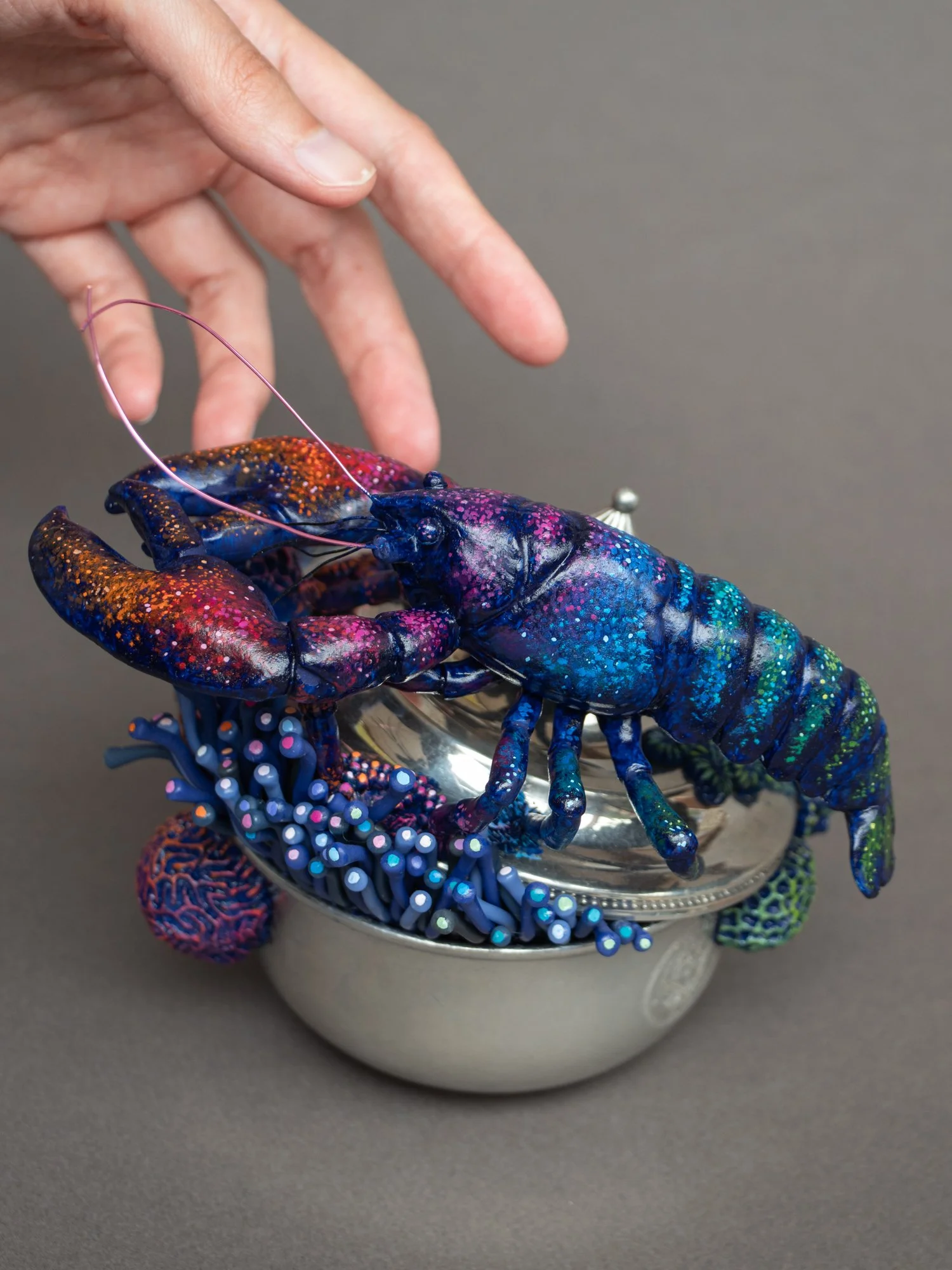 Eternal Youngster, Mixed Media Coral and Lobster Sculpture on Thrifted Navy Box, 2026, Stephanie Kilgast