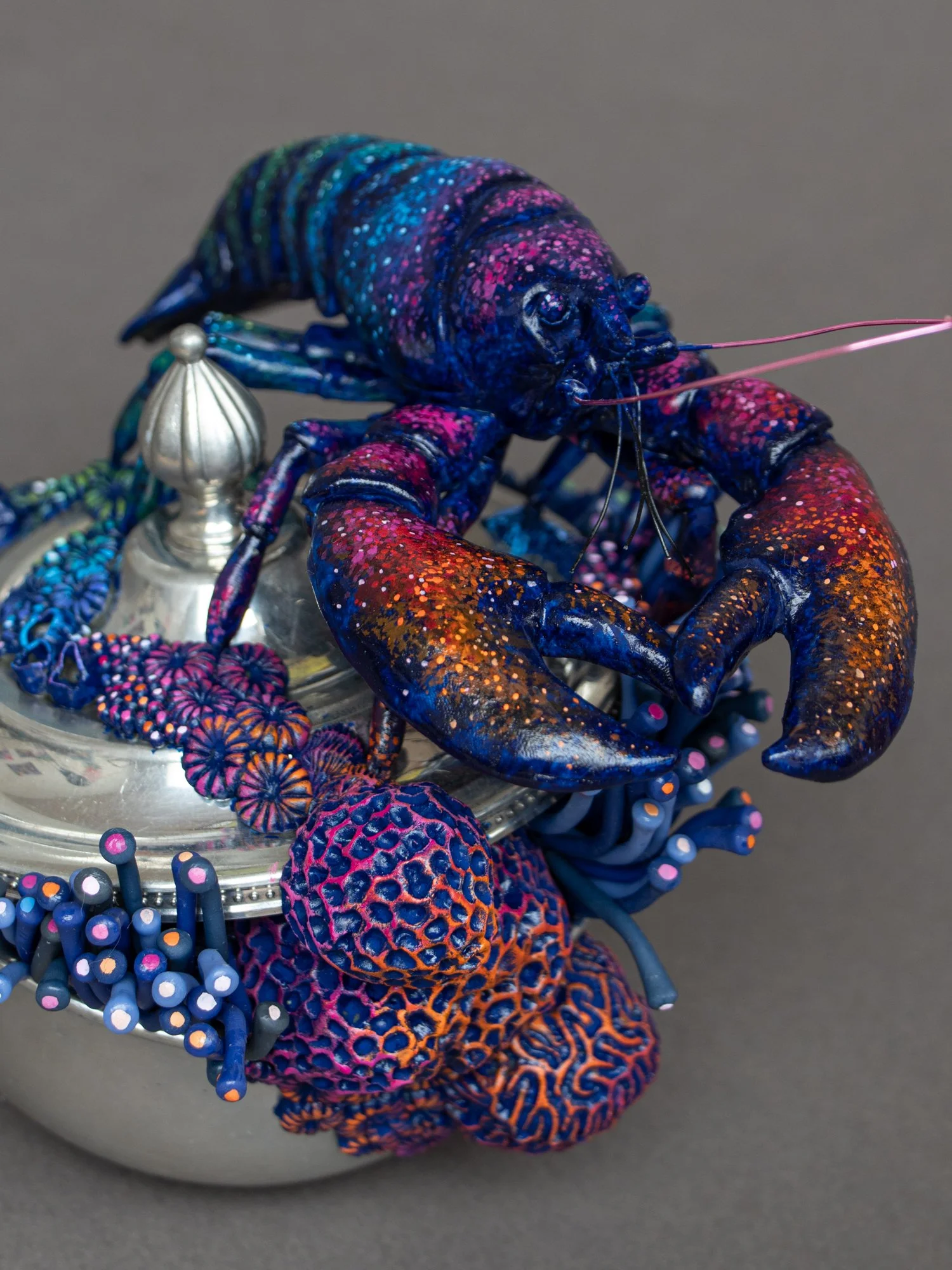Eternal Youngster, Mixed Media Coral and Lobster Sculpture on Thrifted Navy Box, 2026, Stephanie Kilgast