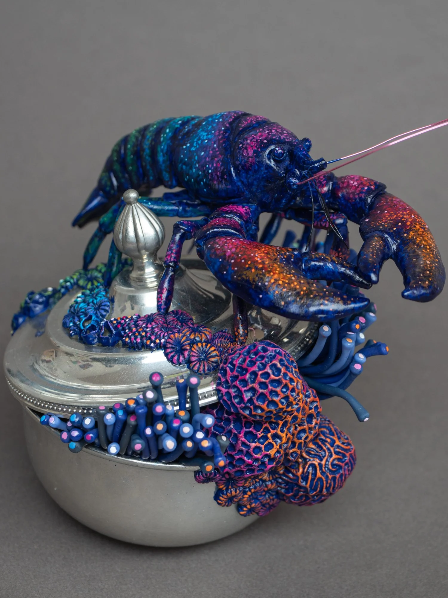 Eternal Youngster, Mixed Media Coral and Lobster Sculpture on Thrifted Navy Box, 2026, Stephanie Kilgast