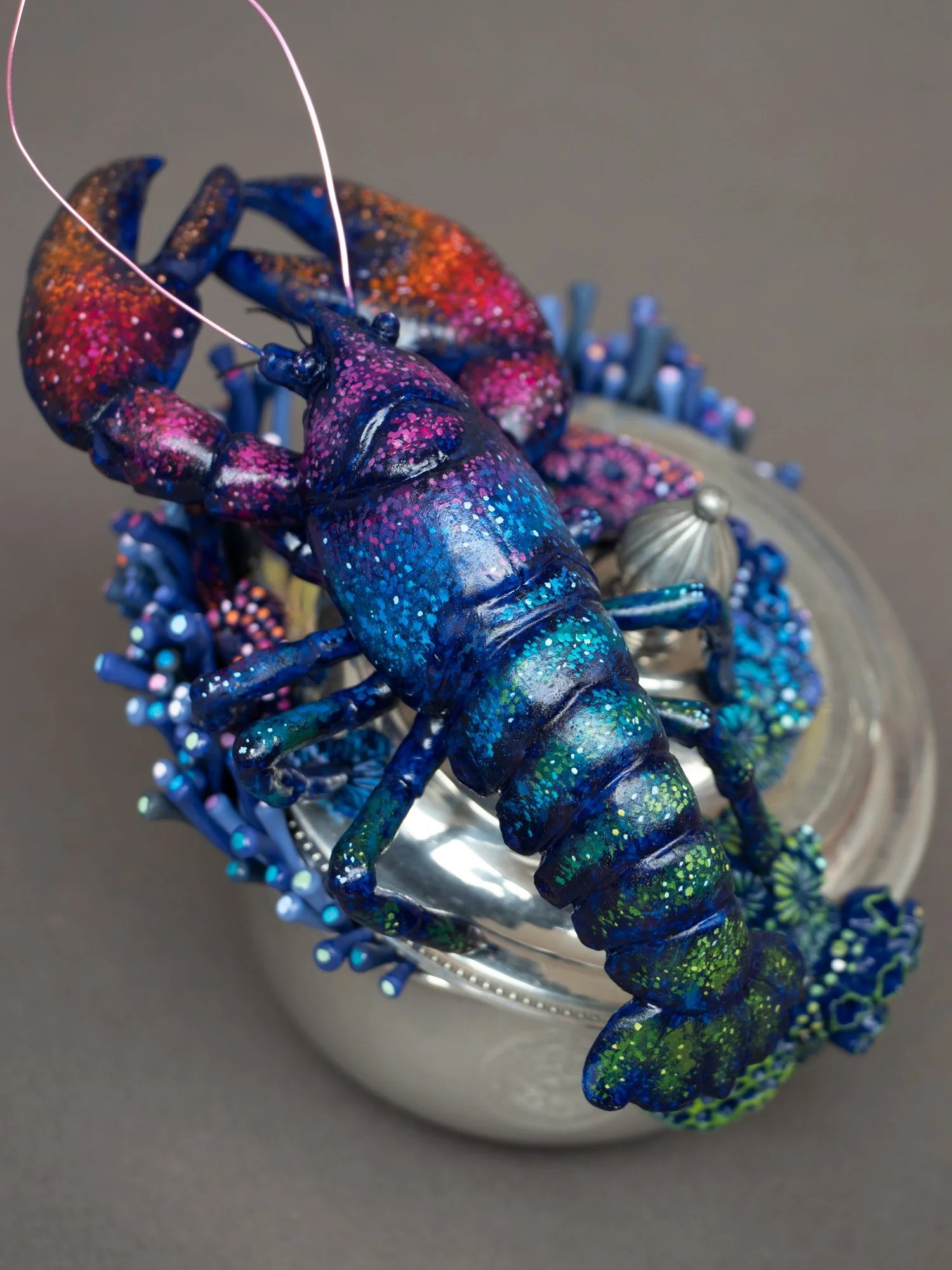 Eternal Youngster, Mixed Media Coral and Lobster Sculpture on Thrifted Navy Box, 2026, Stephanie Kilgast