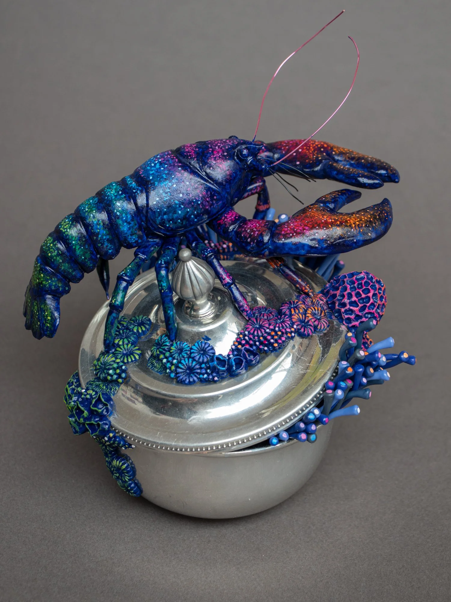 Eternal Youngster, Mixed Media Coral and Lobster Sculpture on Thrifted Navy Box, 2026, Stephanie Kilgast