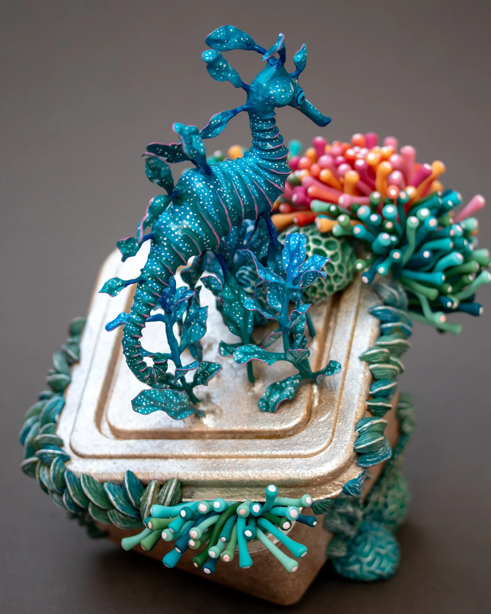 Floating, Mixed Media Coral and Seahorse Sculpture on Plastic Box, 2026, Stephanie Kilgast