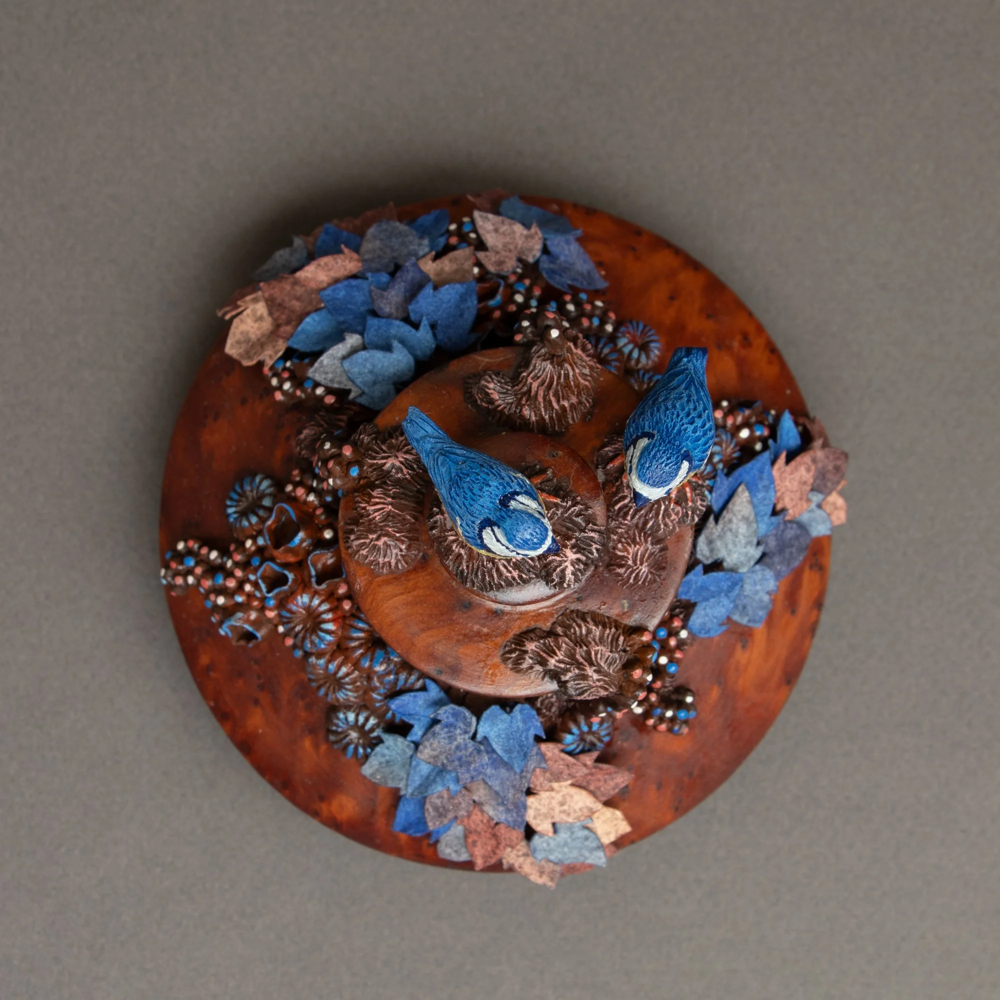 Chatter, Eurasian Tit Birds Sculpture on Wooden Jewelry Box, 2026, Stephanie Kilgast