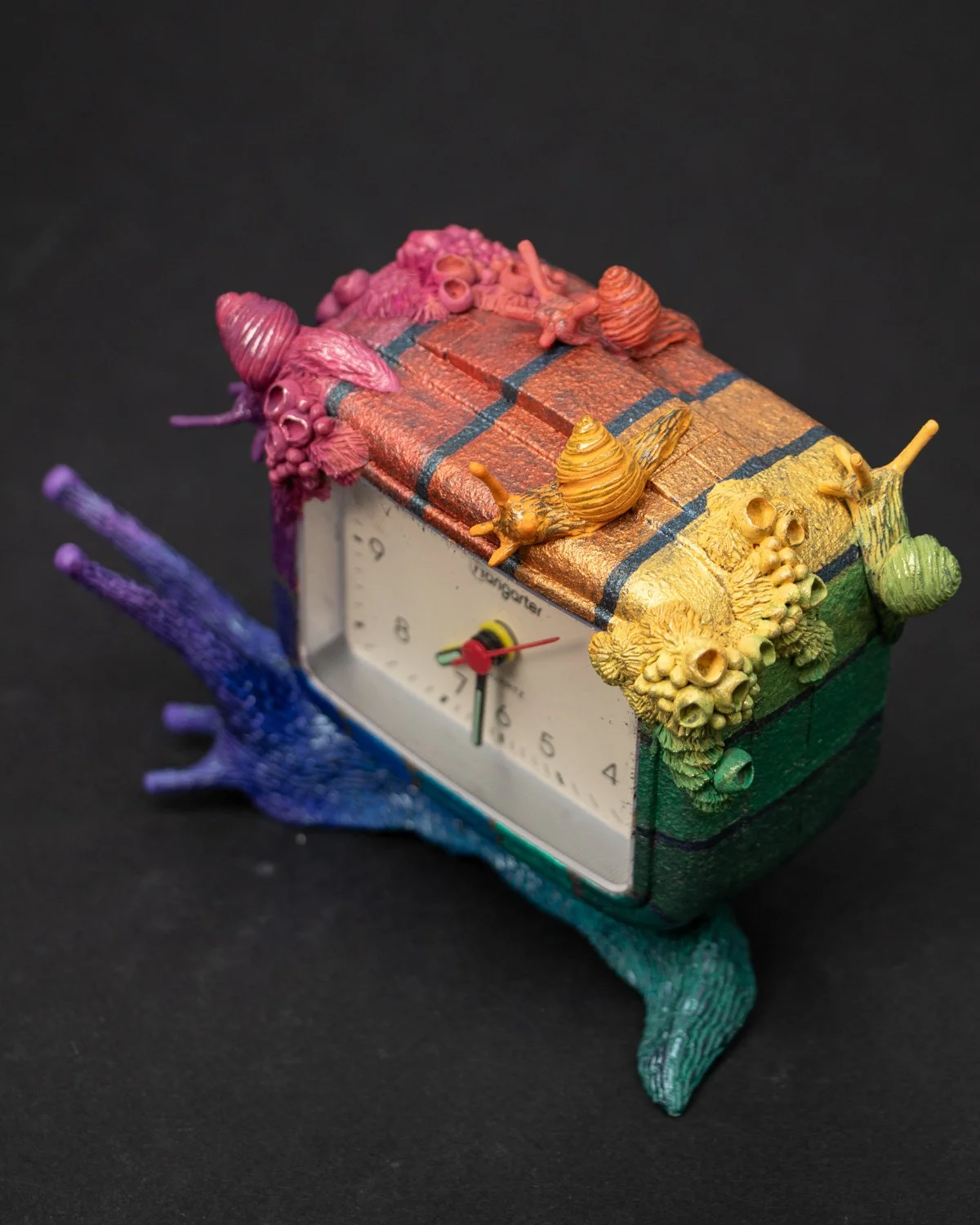 Chi Va Piano, Snail Sculpture on Thrifted Clock, 2024