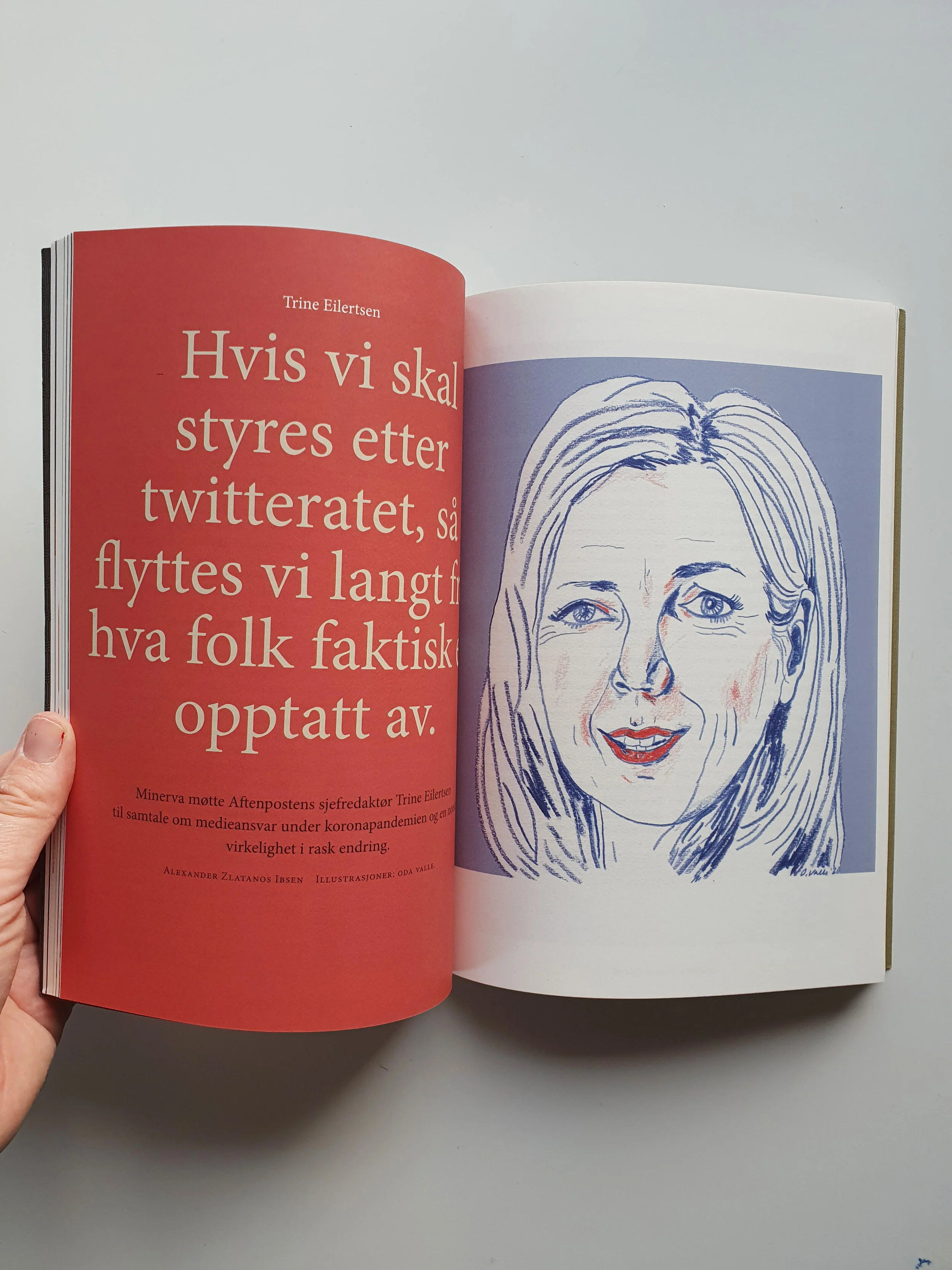 Portrait illustration of newspaper editor Trine Eilertsen for Minerva. 2020