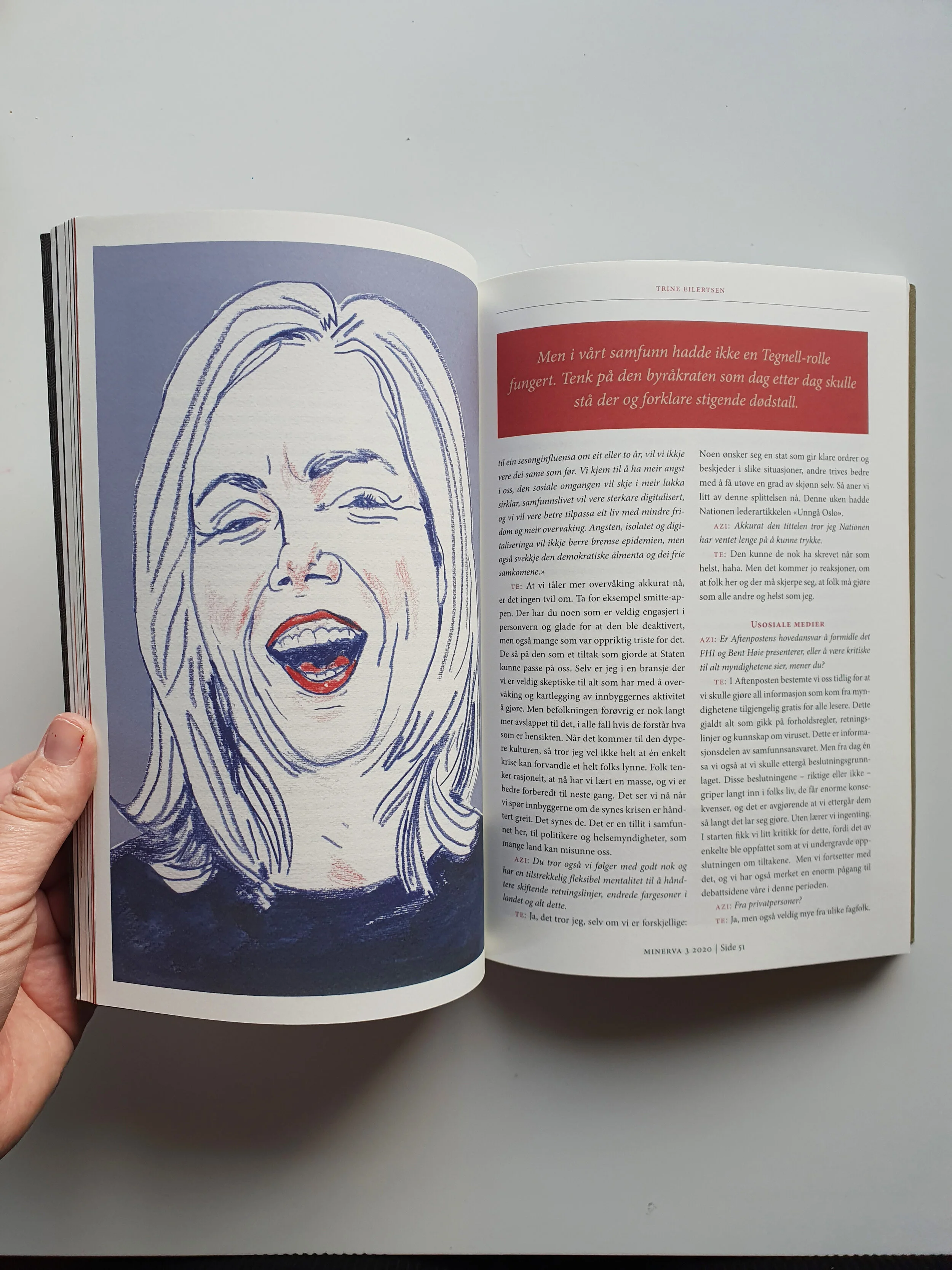 Portrait illustration of newspaper editor Trine Eilertsen for Minerva. 2020