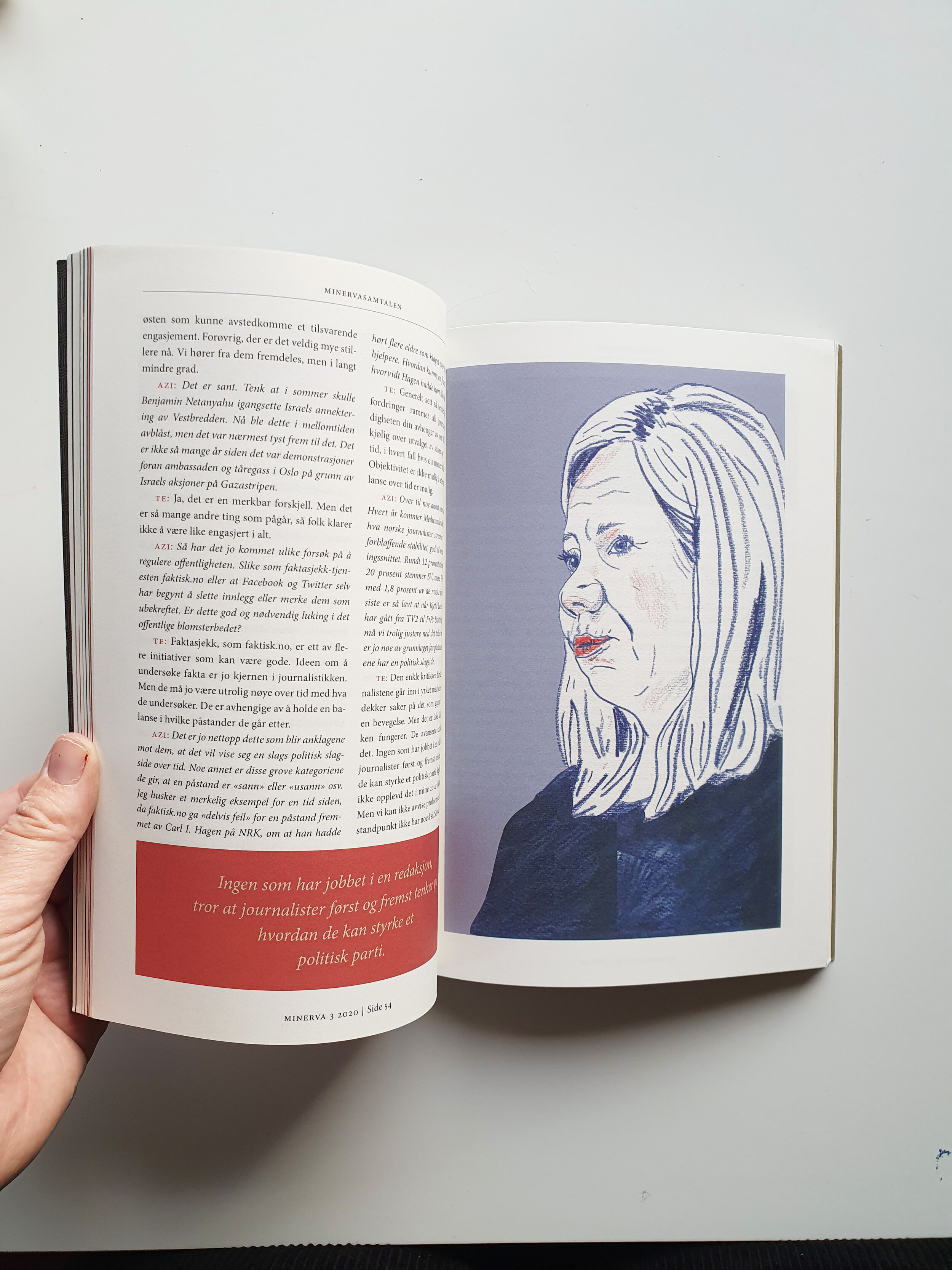 Portrait illustration of newspaper editor Trine Eilertsen for Minerva. 2020