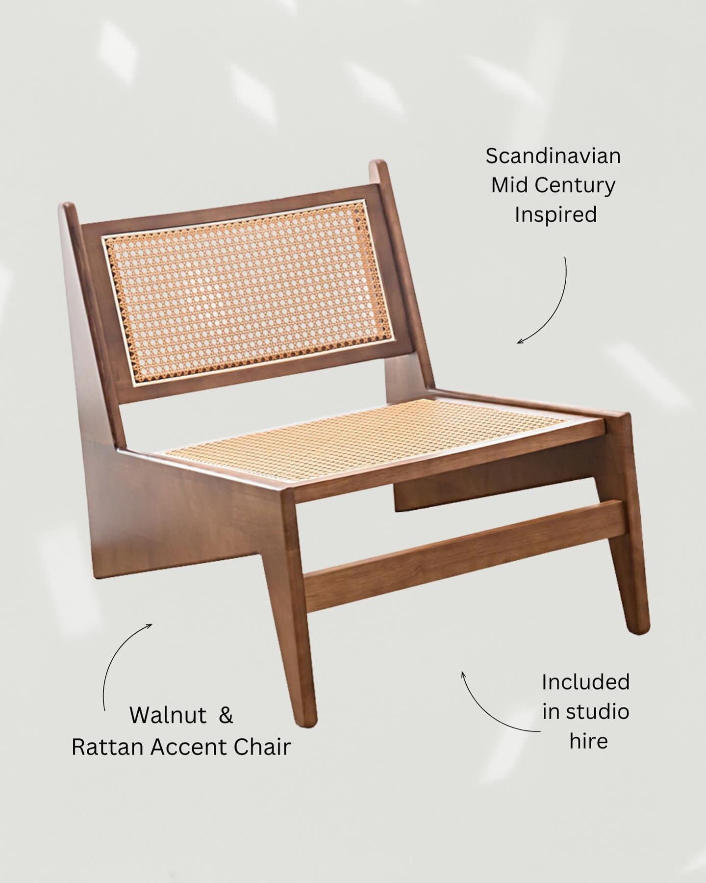 Our Walnut &amp; Rattan Accent Chair ✧.* 
Scandinavian, Mid Century ~ Costal

Included in studio hire 🪩
