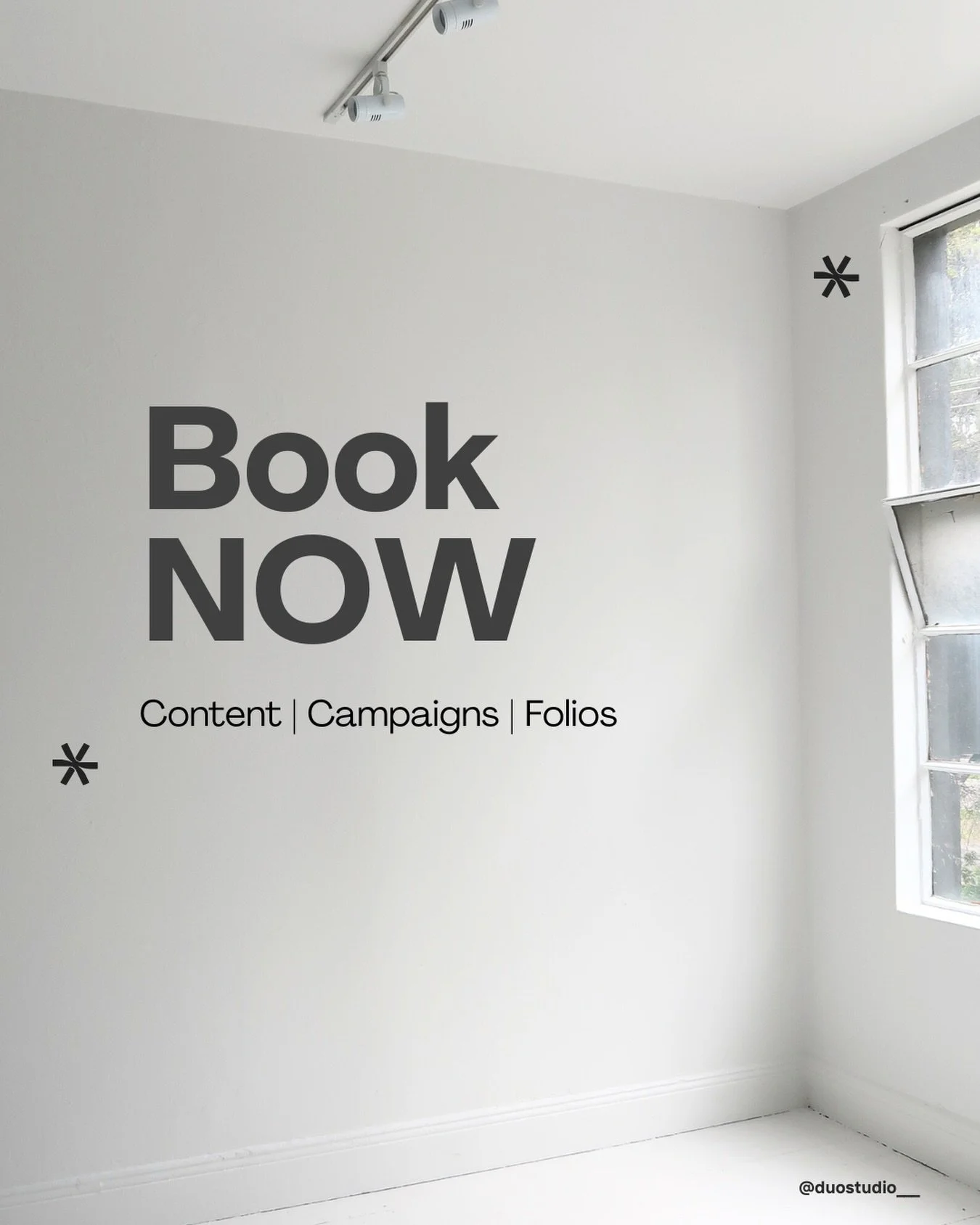 Your next shoot starts here 🪩

Studio TWO ✧.*
Our natural light photography studio is designed for social content, brand campaigns, and folio shoots. 

Book the space via the link in our bio or message us if you have any questions 🖤

#duostudio #st