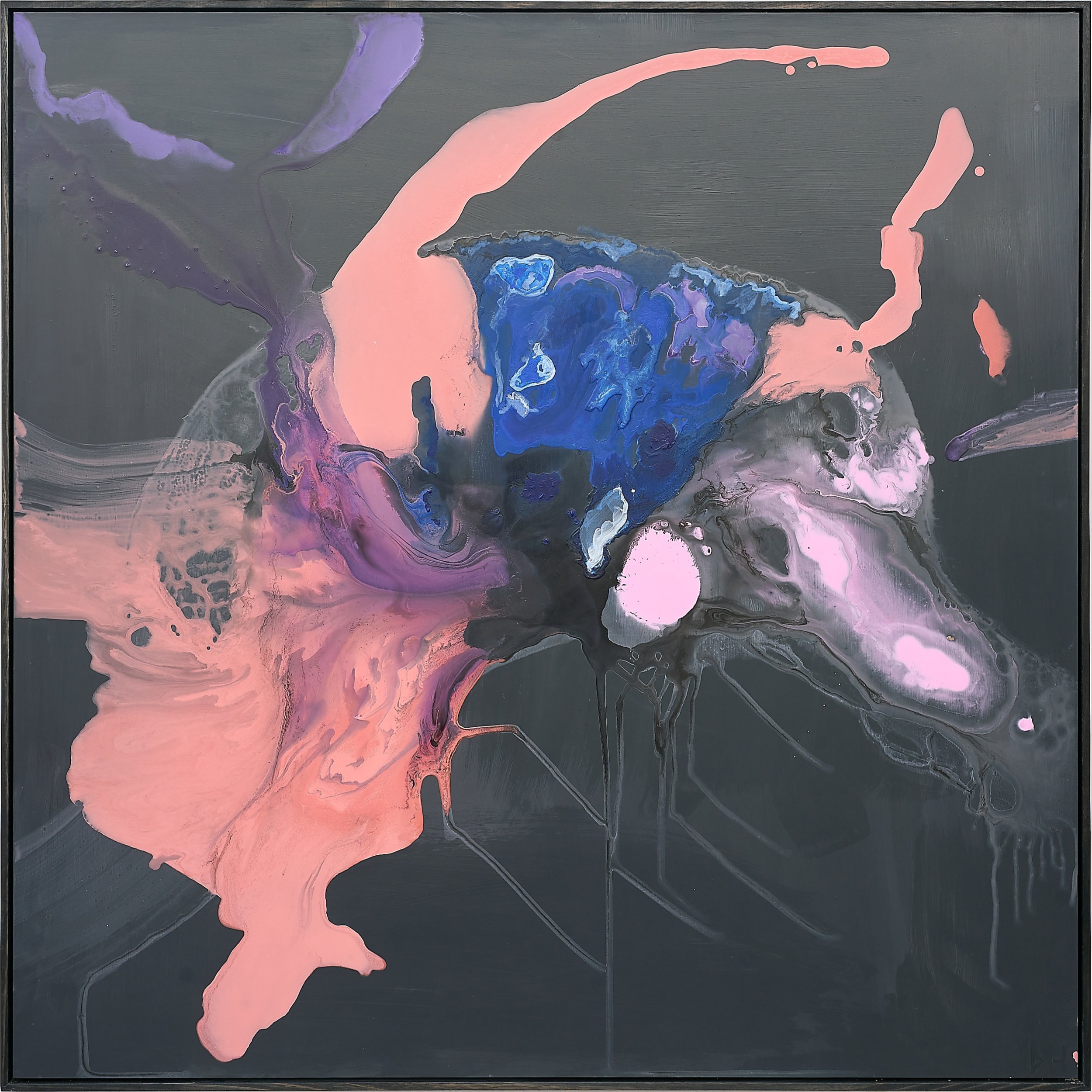 Hail Storm.
2001. Acrylic, emulsion on aluminium composite panel. 123 x 123cm Blackened Eucalypt frame.