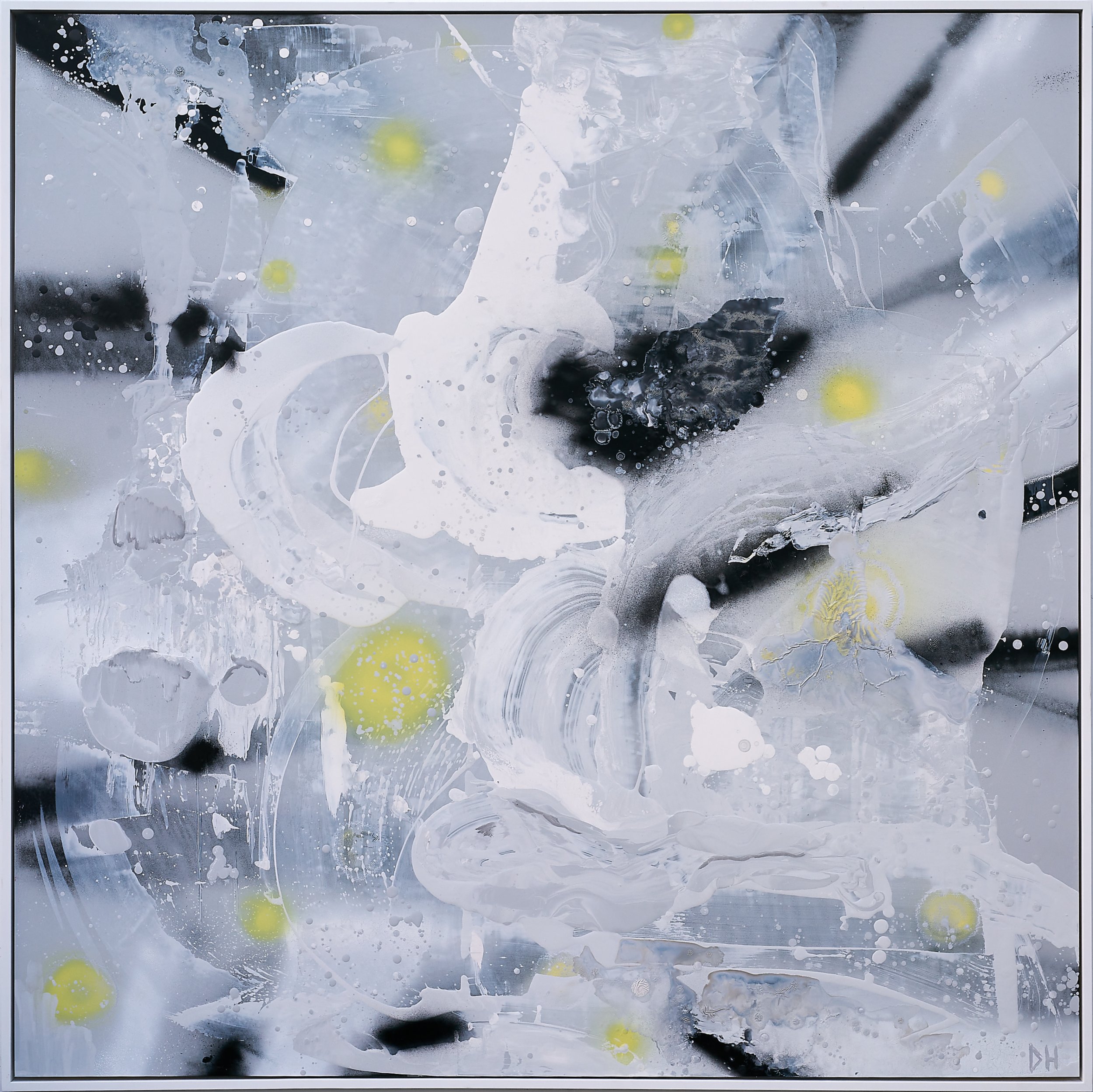Tired face, warm rain.
2001. Oil based enamel, spray paint on aluminium composite panel. 123 x 123cm framed..