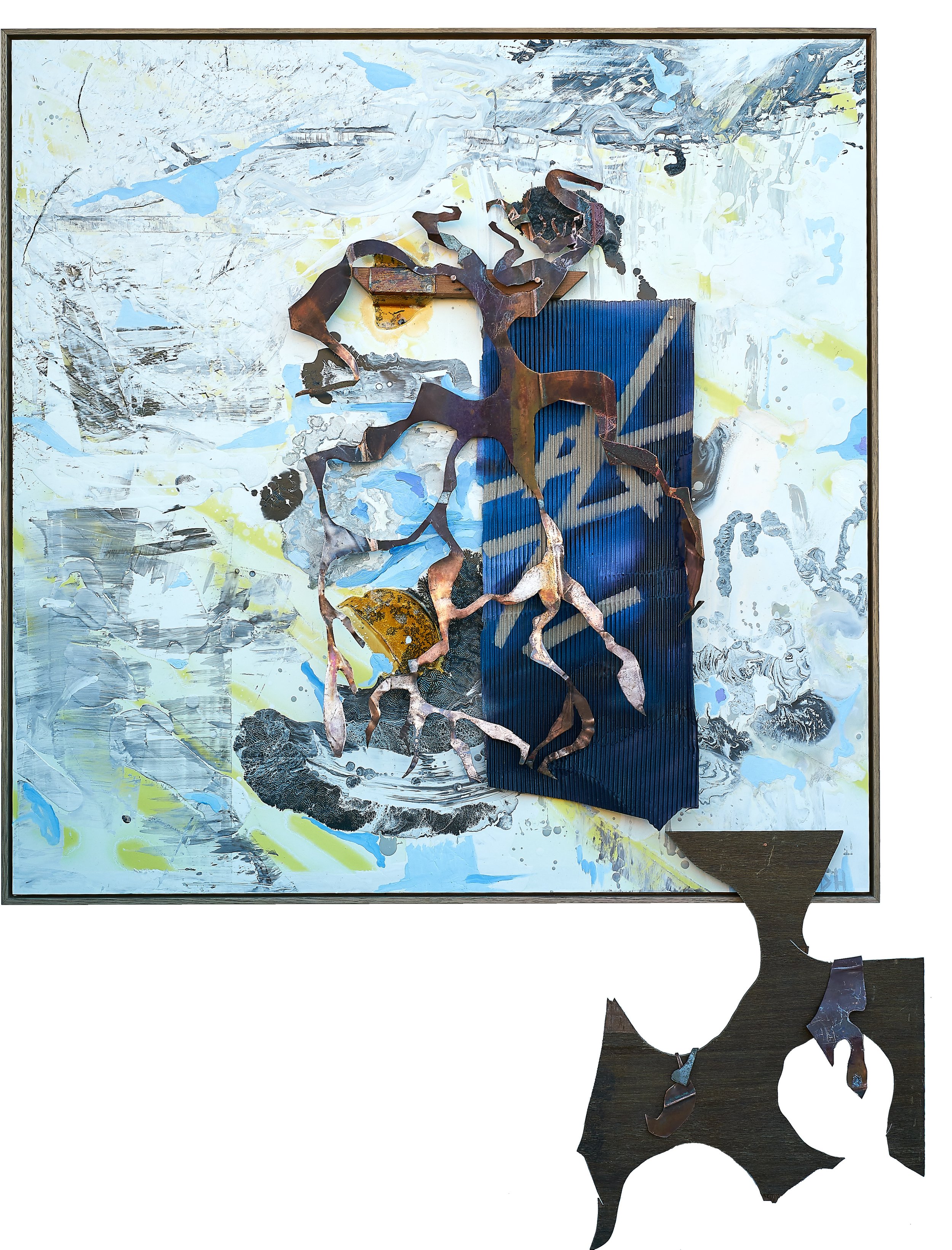 Sunlight on Gully floor.
2001. Oil, acrylic, emulsion, spray paint on aluminium composite panel, cardboard, plywood, copper. 123 x 123cm Blackened Eucalypt frame.