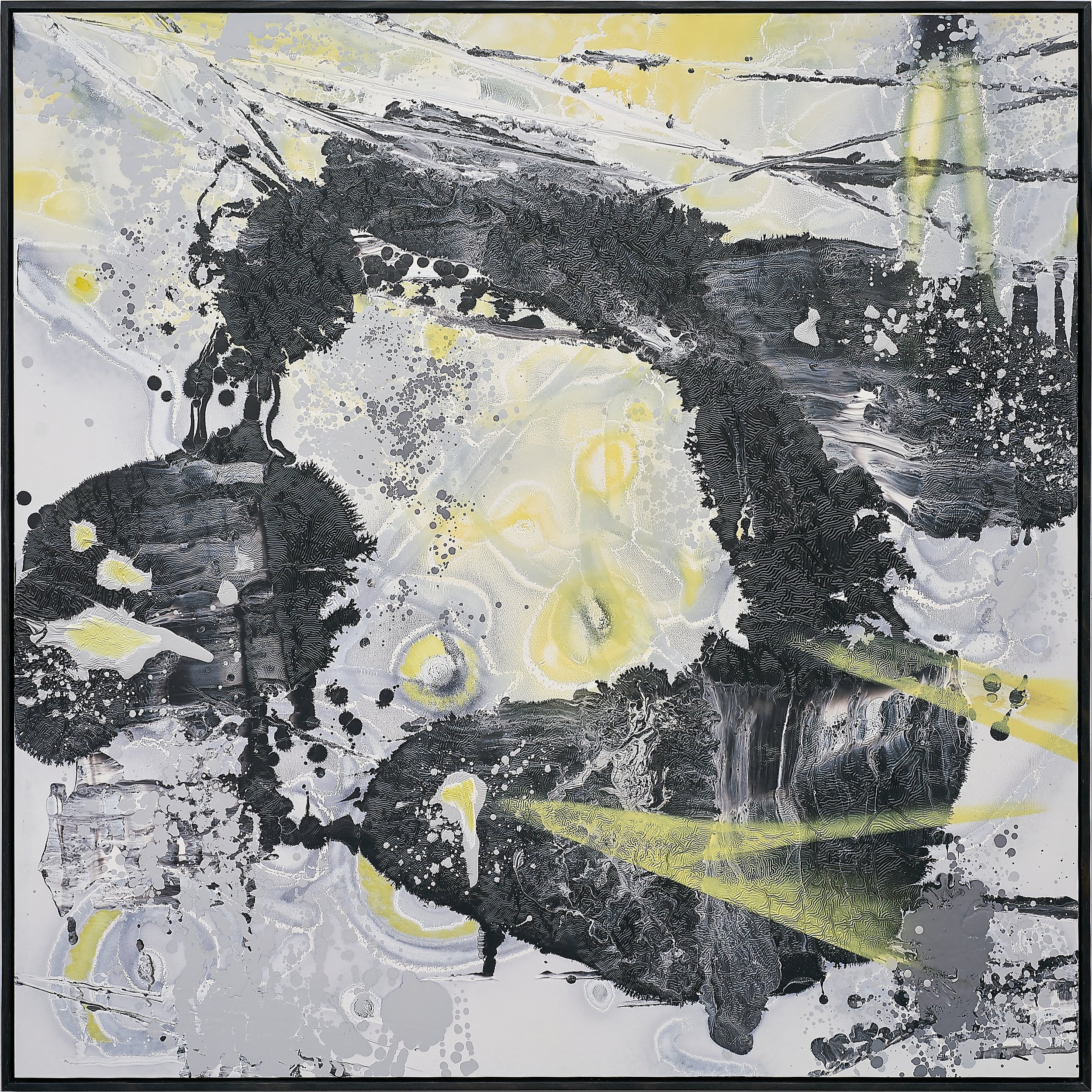 Cave Echo.
2001. Oil, Oil Based Enamel, Spray paint on aluminium composite panel. 123 x 123cm Blackened Eucalypt frame.