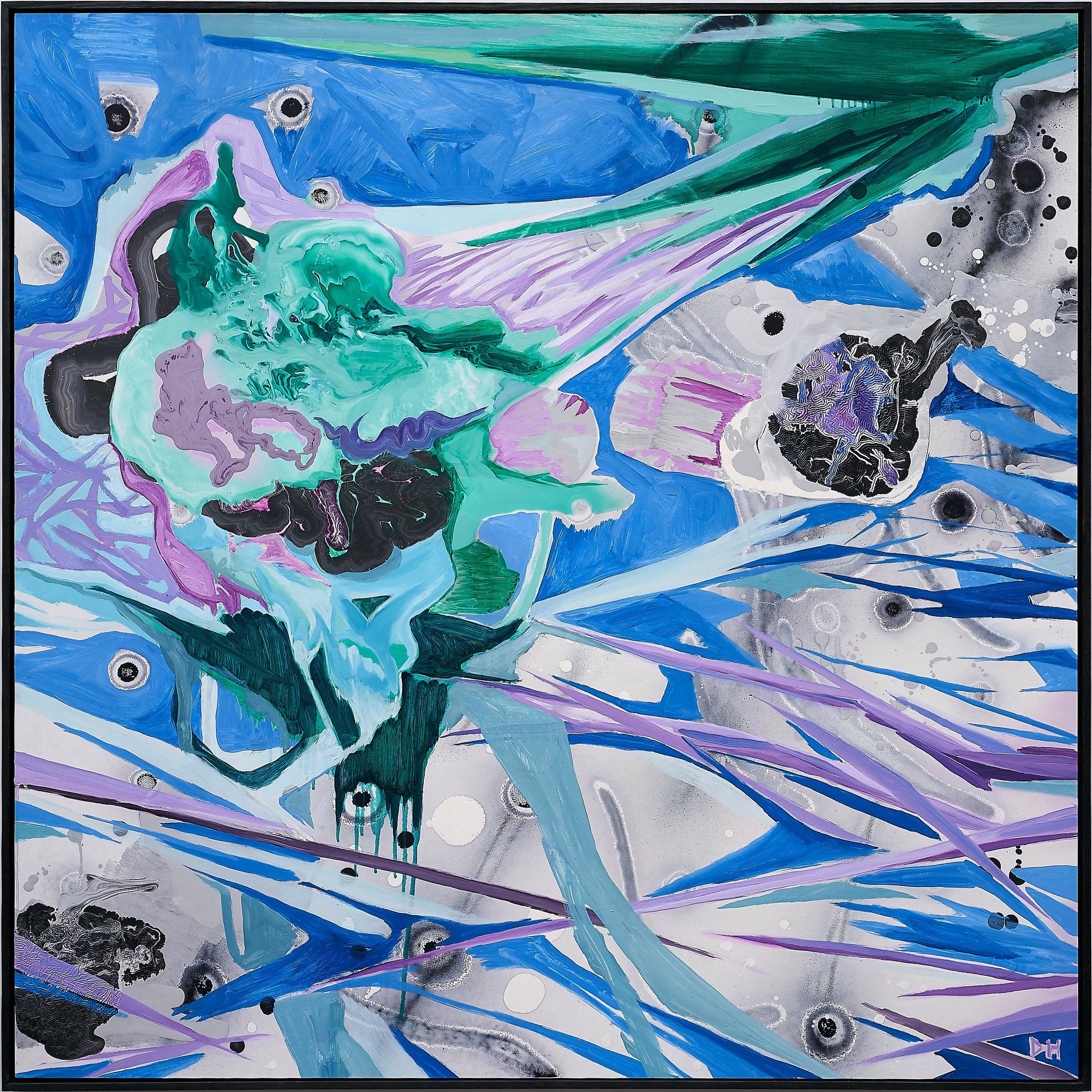 Before Waking (Looking at the Jewel Box Constellation Through a Telescope is Looking Back Millions of Years in Time).
2001. Oil, oil based enamel on aluminium composite panel. 123 x 123cm Blackened Eucalypt frame.