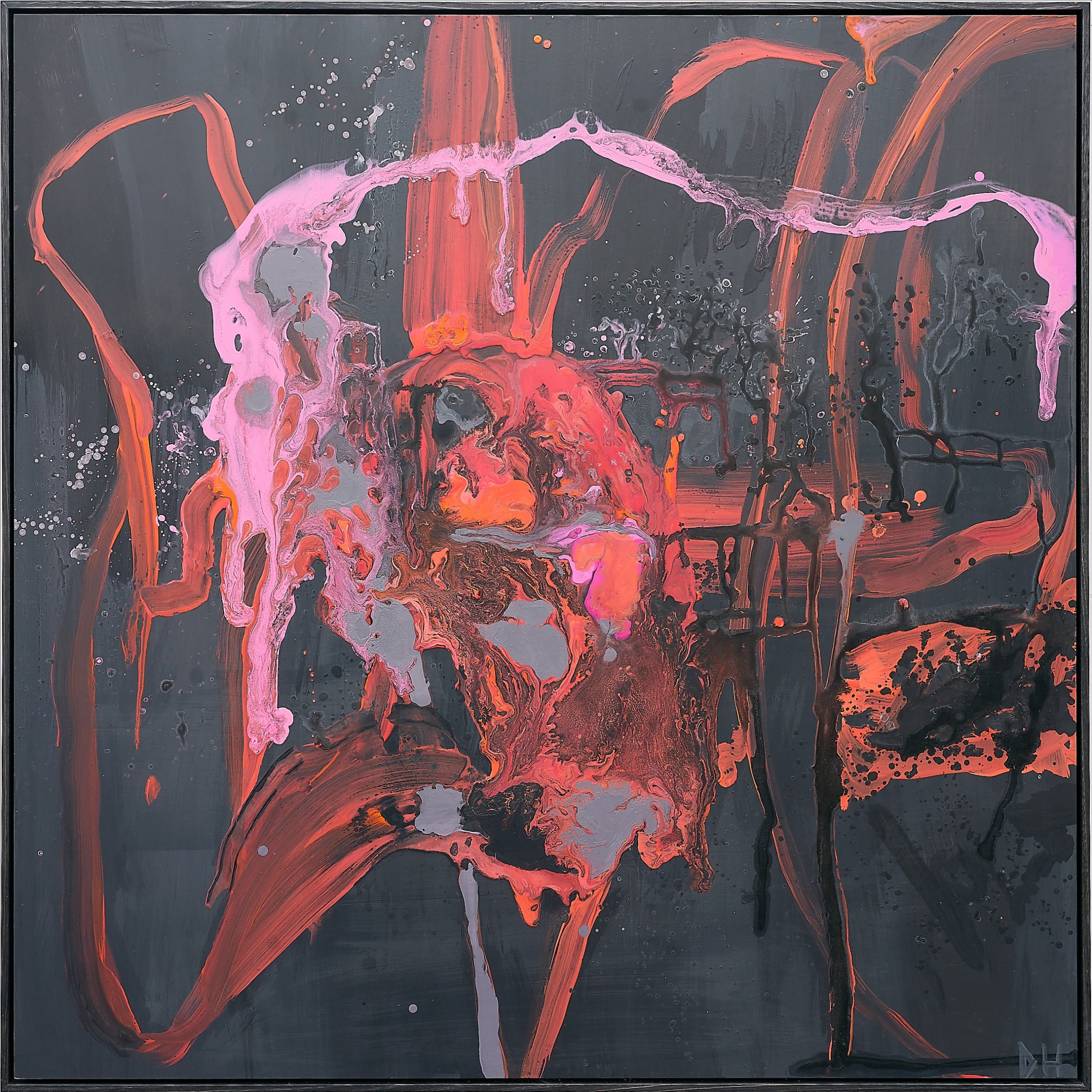 Bonfire, Hot Jeans.
2001. Oil, acrylic, emulsion on aluminium composite panel. 123 x 123cm Blackened Eucalypt frame.