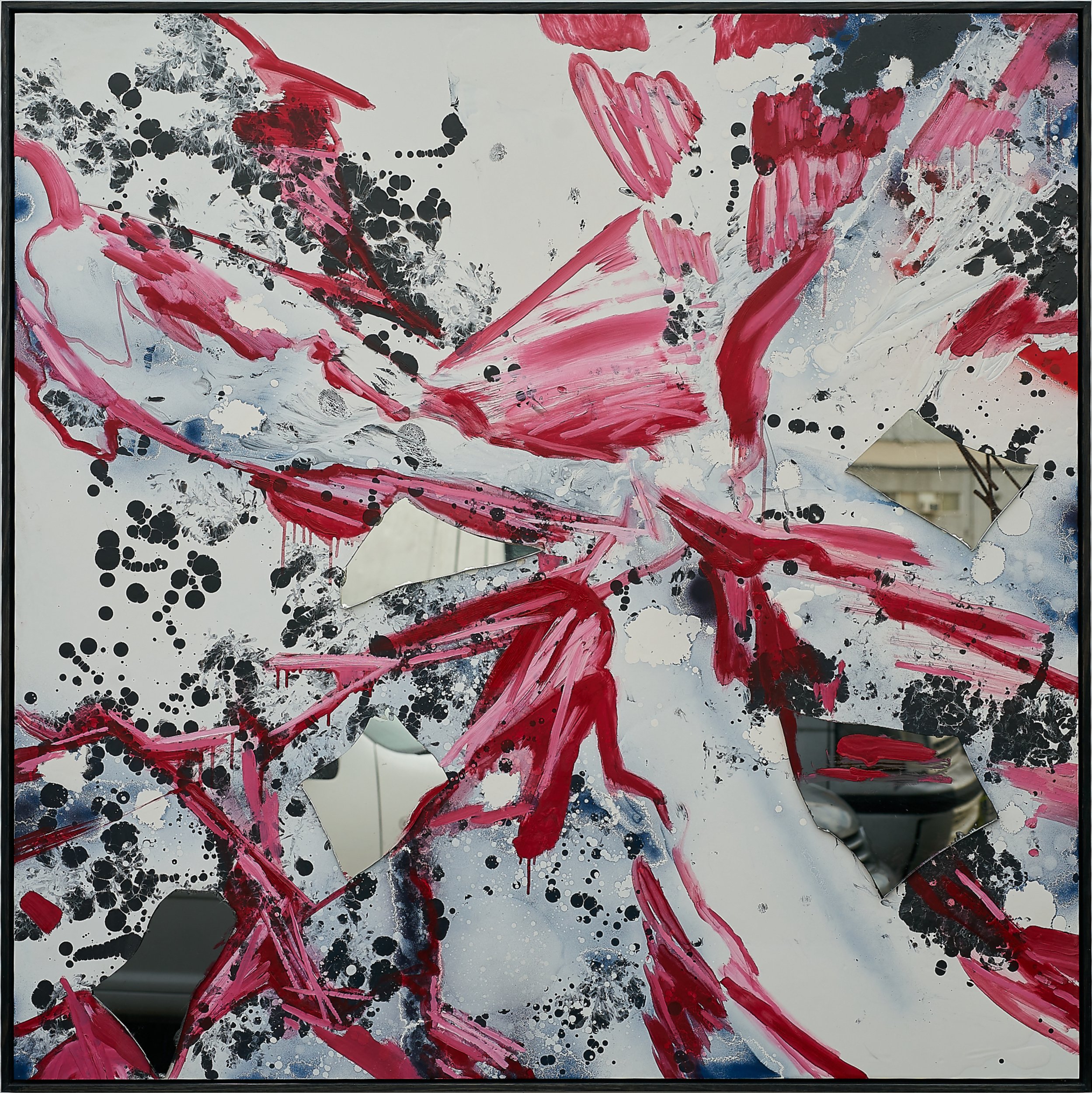 Everything At Once.
2001. Oil, oil based enamel on aluminium composite panel, mirrored glass polyurethane. 123 x 123cm Blackened Eucalypt frame.