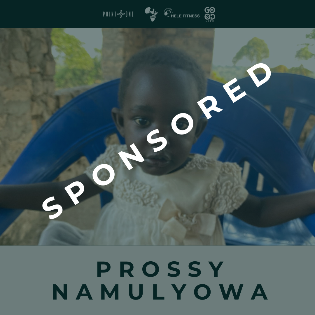 A young girl with short hair and a white dress sitting on a blue plastic chair outdoors, with a blurred background of stone and greenery, and the text 'SPONSORED' across the image and 'PROSSY NAMULYOWA' at the bottom.