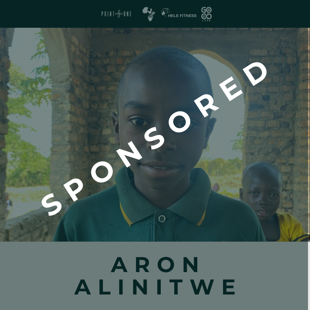 A young boy with short hair and a green polo shirt standing in a brick structure with an arched window. There is another child in the background wearing a yellow shirt. The image has a "Sponsored" overlay and the name Aron Alinitem is displayed at th