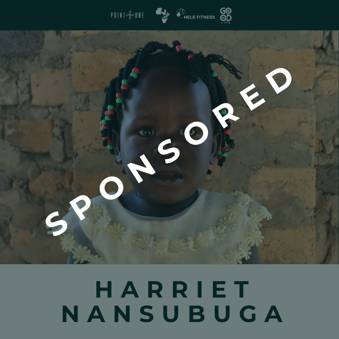 Portrait of a young girl with braided hair decorated with red and green beads, standing in front of a brick wall, with a 'Sponsored' overlay and text reading 'Harriet Nansubuga' at the bottom.