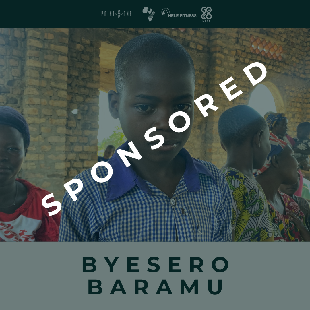 Group of children inside a building with brick walls, some children facing the camera and others turned away, under banners with logos of Point One, Hele Fitness, and Go Lyfe, with a large overlay text reading "SPONSORED" and a greeting "BYESERO BARA