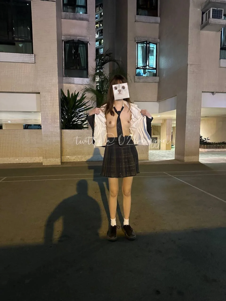 A person standing outdoors at night in front of a beige building with a plant. They are wearing a plaid skirt, tie, and black shoes, holding open a cream-colored jacket. Their face is covered with a square photo of a cat's face.