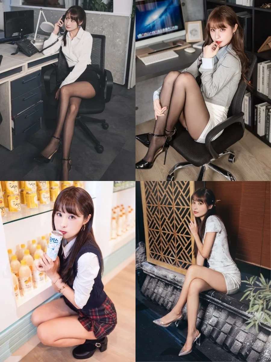Four women seated in different indoor settings, each wearing fashionable clothing and black stockings.